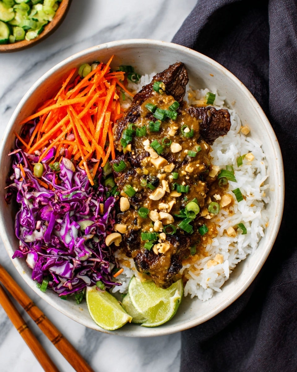 A white bowl filled with three main layers: the bottom layer is soft white rice, next on the right side there are pieces of dark brown grilled meat covered with light brown peanut sauce, chopped green onions, and crushed peanuts, and on the left side, a colorful mix of shredded purple cabbage, orange carrots, and thin green cucumber strips. Two lime wedges rest in the bowl's bottom left corner. The bowl sits on a white marbled surface with wooden chopsticks visible on the right side and a dark cloth beneath the bowl. Photo taken with an iphone --ar 4:5 --v 7