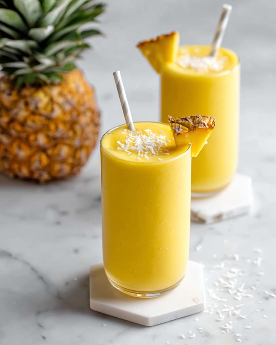 Two tall clear glasses filled with a smooth, bright yellow drink sit on white hexagonal coasters on a white marbled surface. Each glass has a white and gray striped straw inserted, and a small triangular pineapple slice is placed on the rim of the glass closest to the front. Small white coconut flakes are sprinkled on top of the drinks, with some flakes scattered on the surface nearby. In the background, a whole pineapple is partially visible on the left side. The lighting is bright and natural, highlighting the fresh and tropical look of the drink photo taken with an iphone --ar 4:5 --v 7