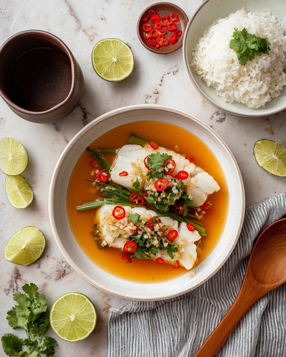A white round bowl holds two pieces of white fish fillets placed on top of green scallions. The fillets are covered with red chili slices, chopped garlic, and fresh green cilantro leaves, with lime wedges adding a pop of green on top. The fish sits in an orange-colored broth. To the side, there is a white bowl with steamed white rice and a dark brown cup. A wooden spoon rests on a gray cloth with white stripes. The whole scene is set on a white marbled surface with scattered garnishes of lime and chili slices. Photo taken with an iphone --ar 4:5 --v 7