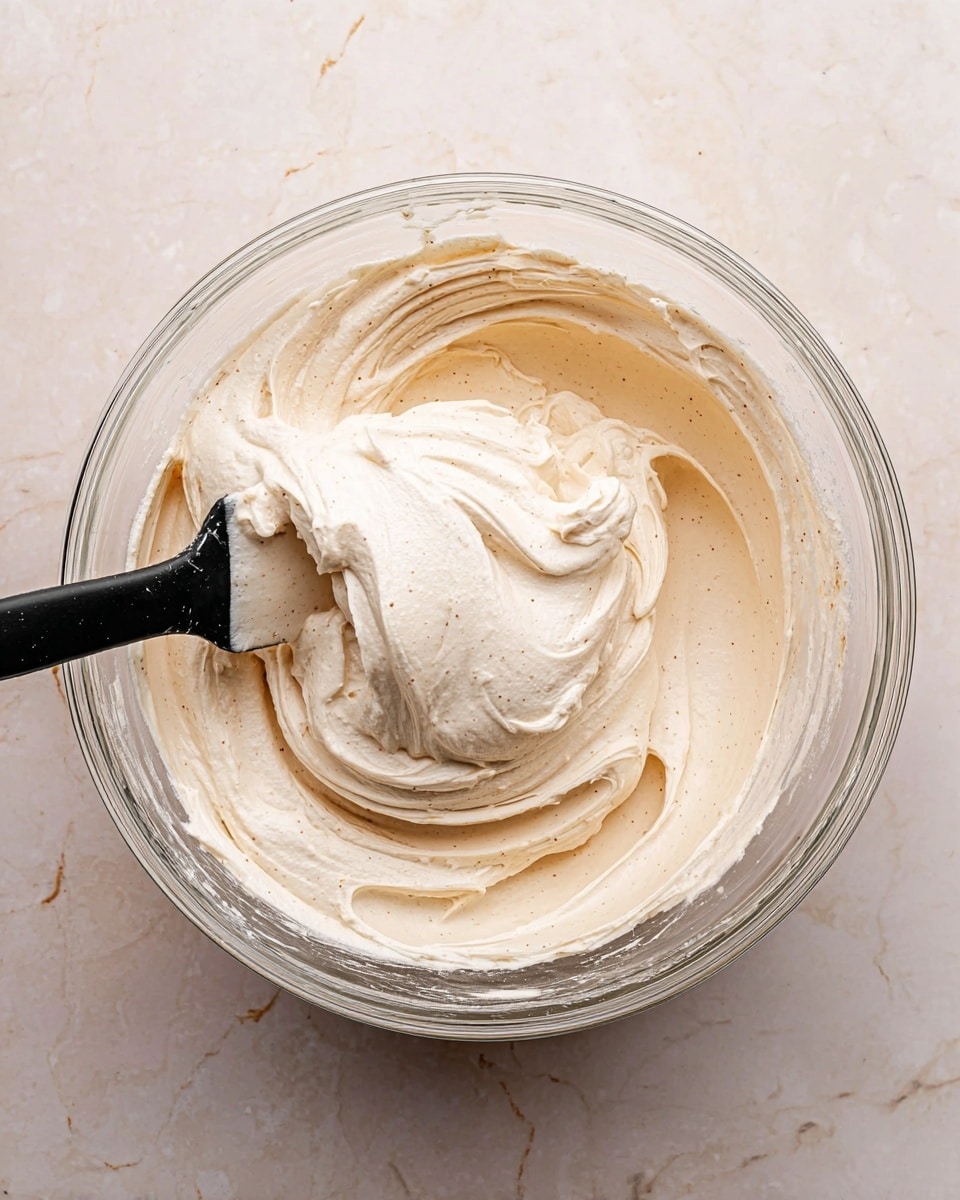 A clear glass bowl filled with one thick layer of smooth, creamy light beige mixture with small dark vanilla specks throughout. A black spatula is partially submerged, lifting some of the mixture, showing its soft and fluffy texture. The bowl sits on a white marbled surface. The lighting is soft and natural, highlighting the texture and swirls in the cream. Photo taken with an iphone --ar 4:5 --v 7