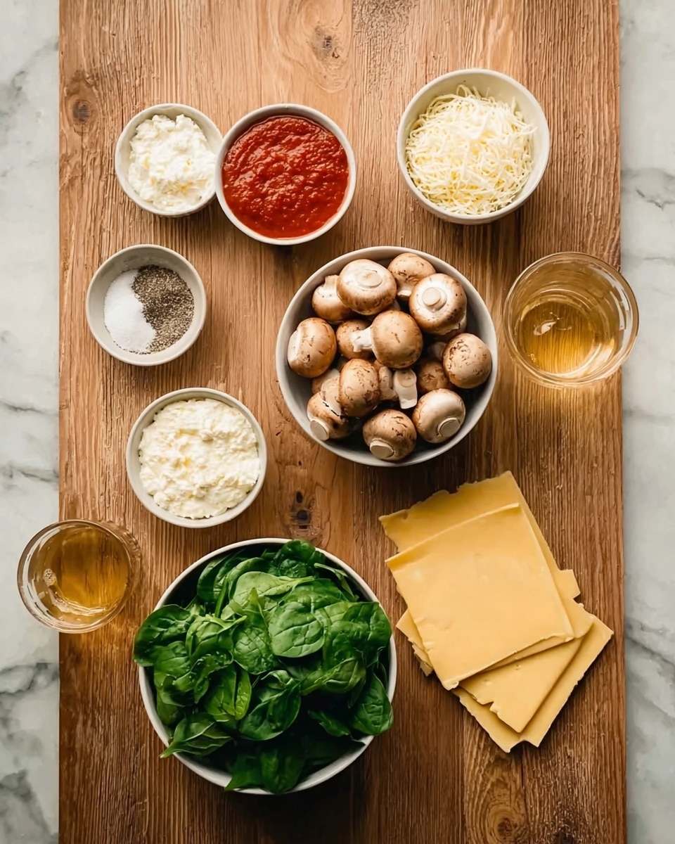 The image shows several ingredients arranged neatly on a wooden surface. In the center, there is a bowl filled with small whole mushrooms, light brown in color and smooth texture. Above the mushrooms is a small bowl of red tomato sauce with a thick texture. To the left, there are three small white bowls: the top bowl contains white cottage cheese, the middle bowl has grated white cheese, and the bottom bowl holds a mix of salt and black pepper. Below the mushrooms is a bowl of fresh green spinach leaves, vibrant and leafy. To the right of the mushrooms are a few yellow-colored rectangular sheets, smooth and flat, resembling pasta sheets. On the far right, near the tomato sauce, is a clear glass cup filled with a light golden liquid. The whole setting is placed on a white marbled surface. The photo was taken with an iphone --ar 4:5 --v 7