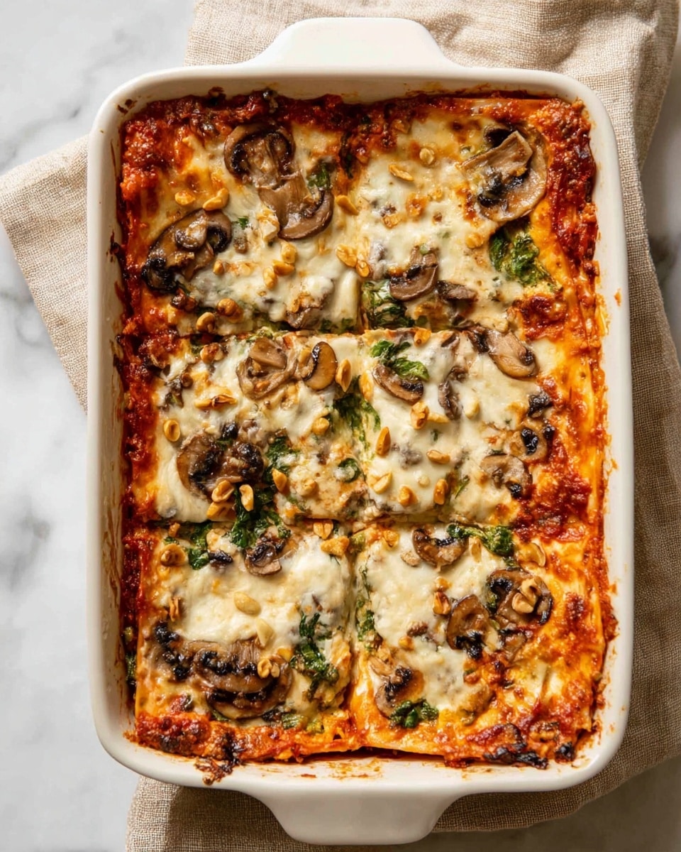 A white rectangular baking dish holds a baked lasagna divided into six square pieces with visible layers. The top layer has melted, slightly browned cheese mixed with green spinach leaves and dark brown mushroom slices scattered evenly. There are small light brown nut pieces sprinkled over the top. Under the cheese, the orange tomato sauce layer is visible near the edges with some bubbling. The lasagna edges are slightly crispy and golden. The dish is placed on a light beige cloth on a white marbled surface. Photo taken with an iphone --ar 4:5 --v 7