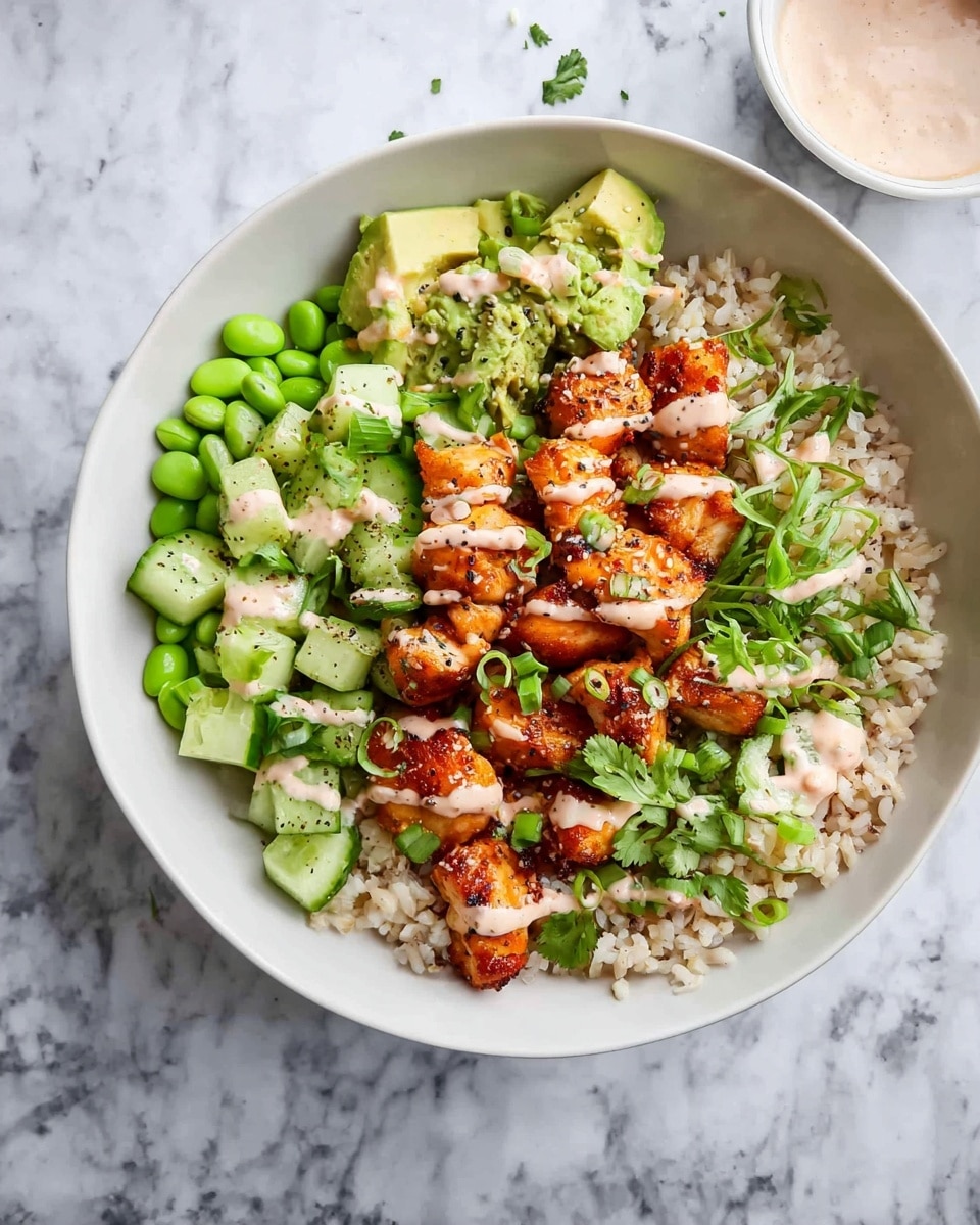 A white bowl sits on a white marbled surface, filled with three main layers. The bottom layer is light brown rice, spread evenly across the bowl. On top of the rice, on one side, there are bright green edamame beans, and on the other side, thin round slices of green cucumber mixed with small cubes of pale green avocado sprinkled lightly with black pepper. A central layer features charred orange chicken pieces, arranged in the middle with a light drizzle of pale creamy sauce with small red flecks. Some small chopped green onions and cilantro leaves are scattered on and around the chicken adding extra green color. Photo taken with an iphone --ar 4:5 --v 7
