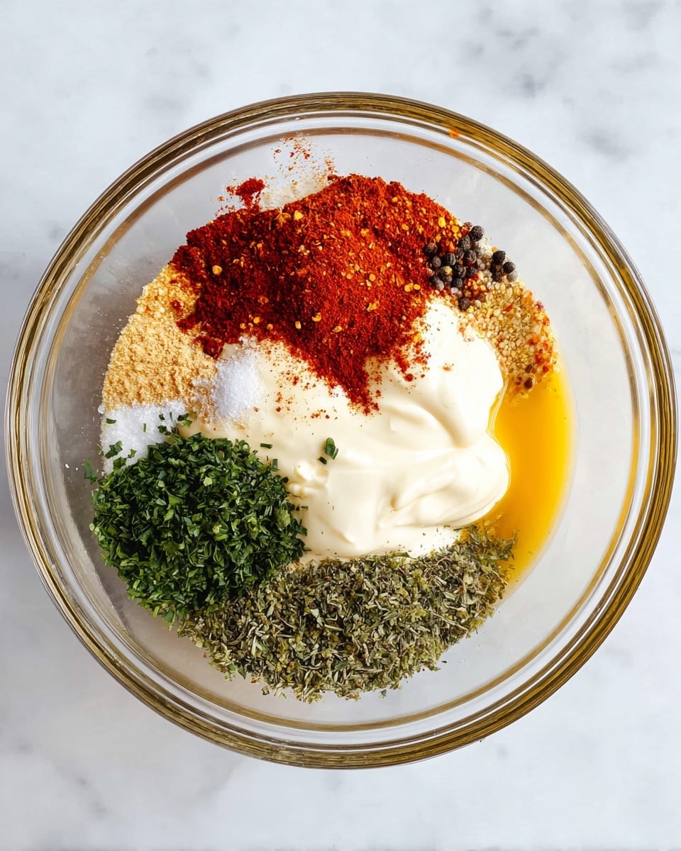 A clear glass bowl sits on a white marbled surface, filled with several colorful layers of ingredients. On the right side, a thick, creamy white layer of mayonnaise rests beside a golden yellow liquid, likely oil or honey, pooling slightly at the bottom. Around the mayonnaise and liquid are fine piles of spices: bright red paprika and chili flakes at the top, a light beige powder next to black pepper, and a white powder near the creamy layer. On the left side, fresh green chopped herbs form three neat piles, while dried green herbs with a rough texture sit below them. Each ingredient layer is distinct, separated by clear borders, creating a vibrant mix of colors and textures inside the bowl. photo taken with an iphone --ar 4:5 --v 7