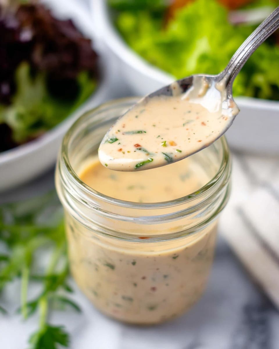 The image shows a clear glass jar filled with creamy dressing that is light beige with small green and red herb pieces mixed inside. A silver spoon holds some of the dressing above the jar, showing its smooth but slightly thick texture with visible tiny herb bits. The jar is placed on a white marbled surface. In the blurred background, there is a white bowl with green and dark leafy salad and a small bunch of green herb leaves next to the jar, adding some fresh color to the scene. photo taken with an iphone --ar 4:5 --v 7