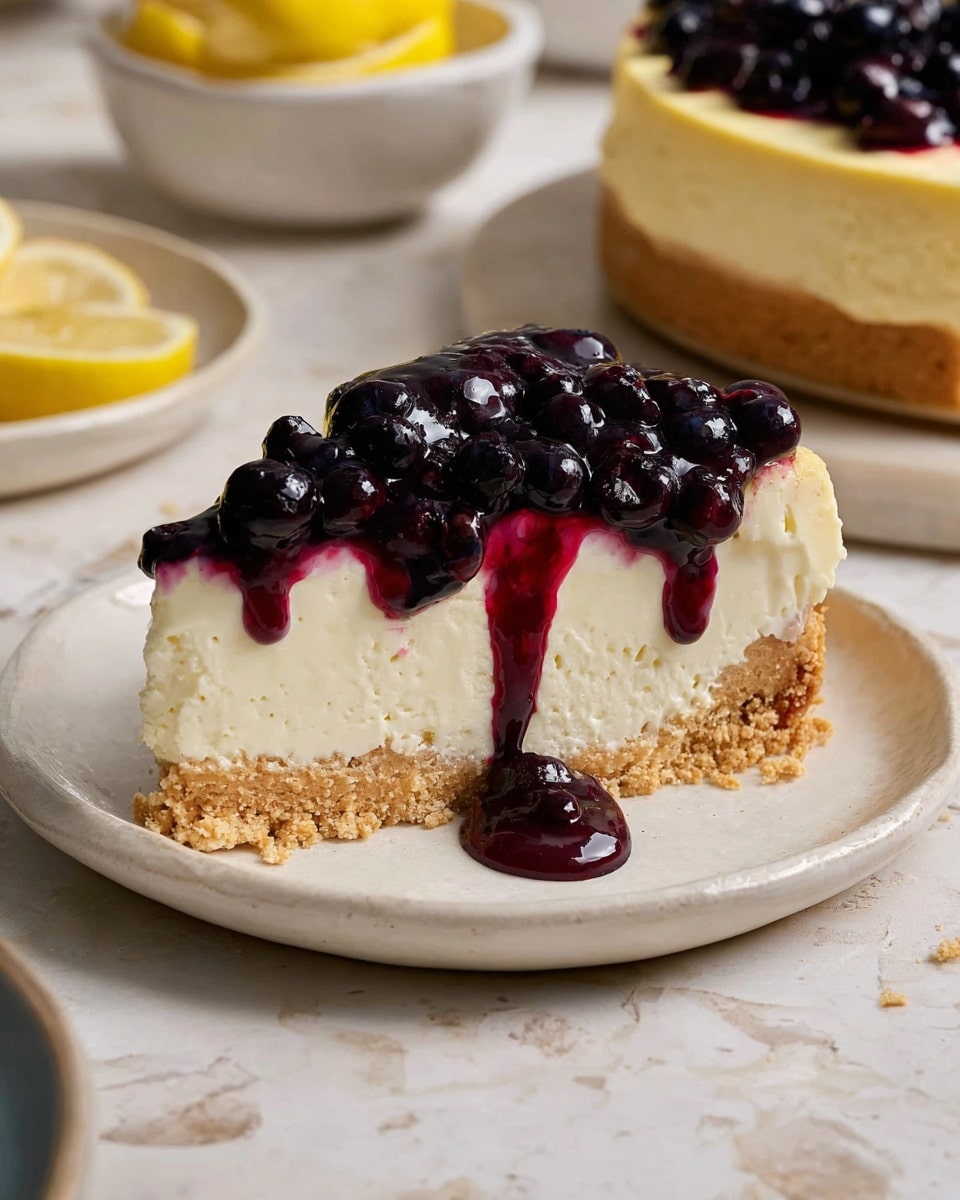A slice of cheesecake is shown on a white plate resting on a white marbled surface. The cheesecake has three clear layers: a light brown crumbly crust at the bottom, a thick creamy off-white filling in the middle, and a glossy dark purple-blue berry topping with whole berries that slightly drips down the sides. Behind the main slice, parts of another slice with berry topping on a white plate and some lemon wedges on a white bowl are visible, adding a soft background detail. Photo taken with an iphone --ar 4:5 --v 7