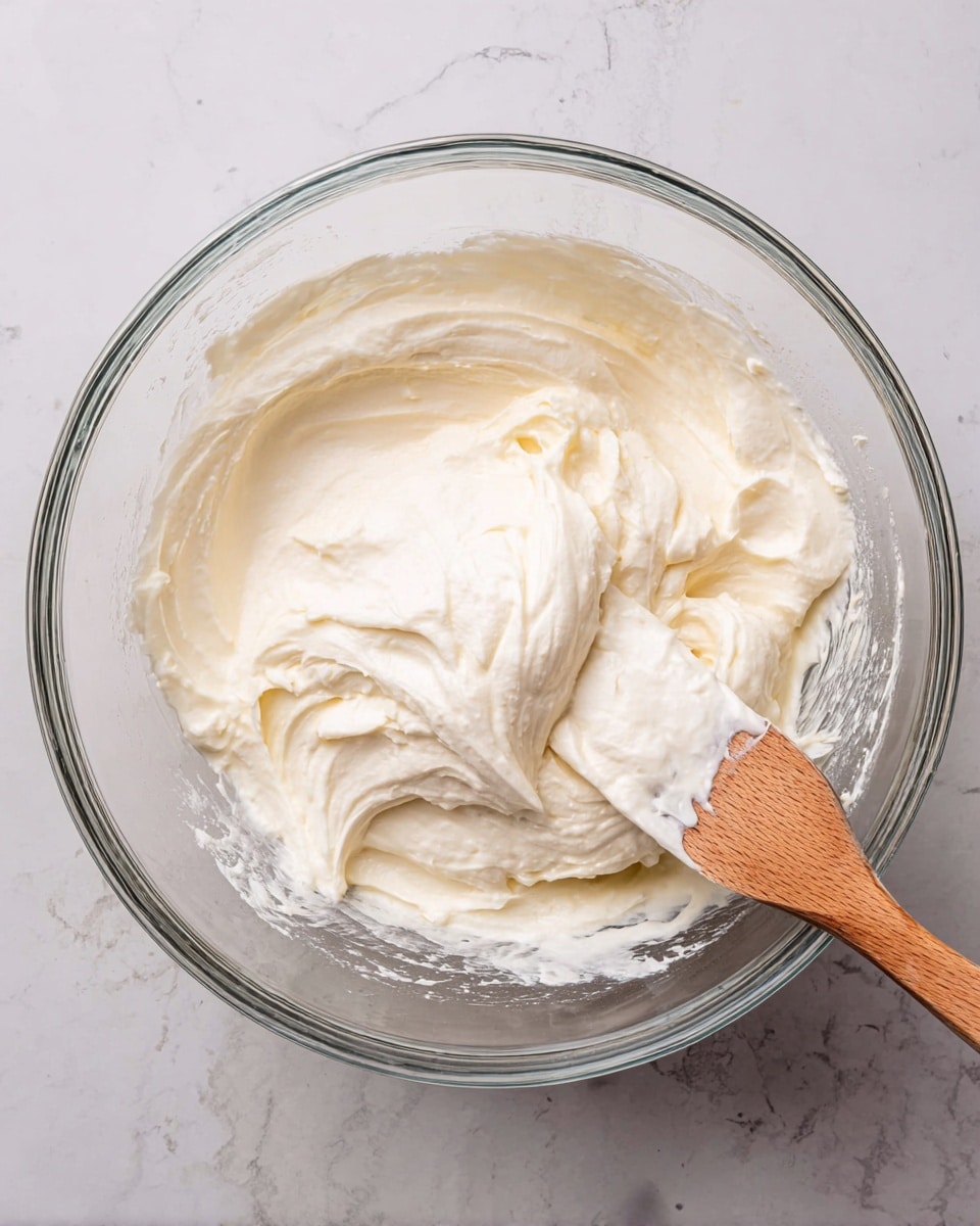 A clear glass bowl holds one thick layer of smooth, creamy white mixture with a soft, whipped texture. A wooden spatula with some of the creamy mixture clinging to it rests on the right side inside the bowl. The bowl sits on a white marbled surface that adds light gray veining detail around it. The mixture fills about half the height of the bowl, showing some swirling movement and slight peaks from stirring. photo taken with an iphone --ar 4:5 --v 7