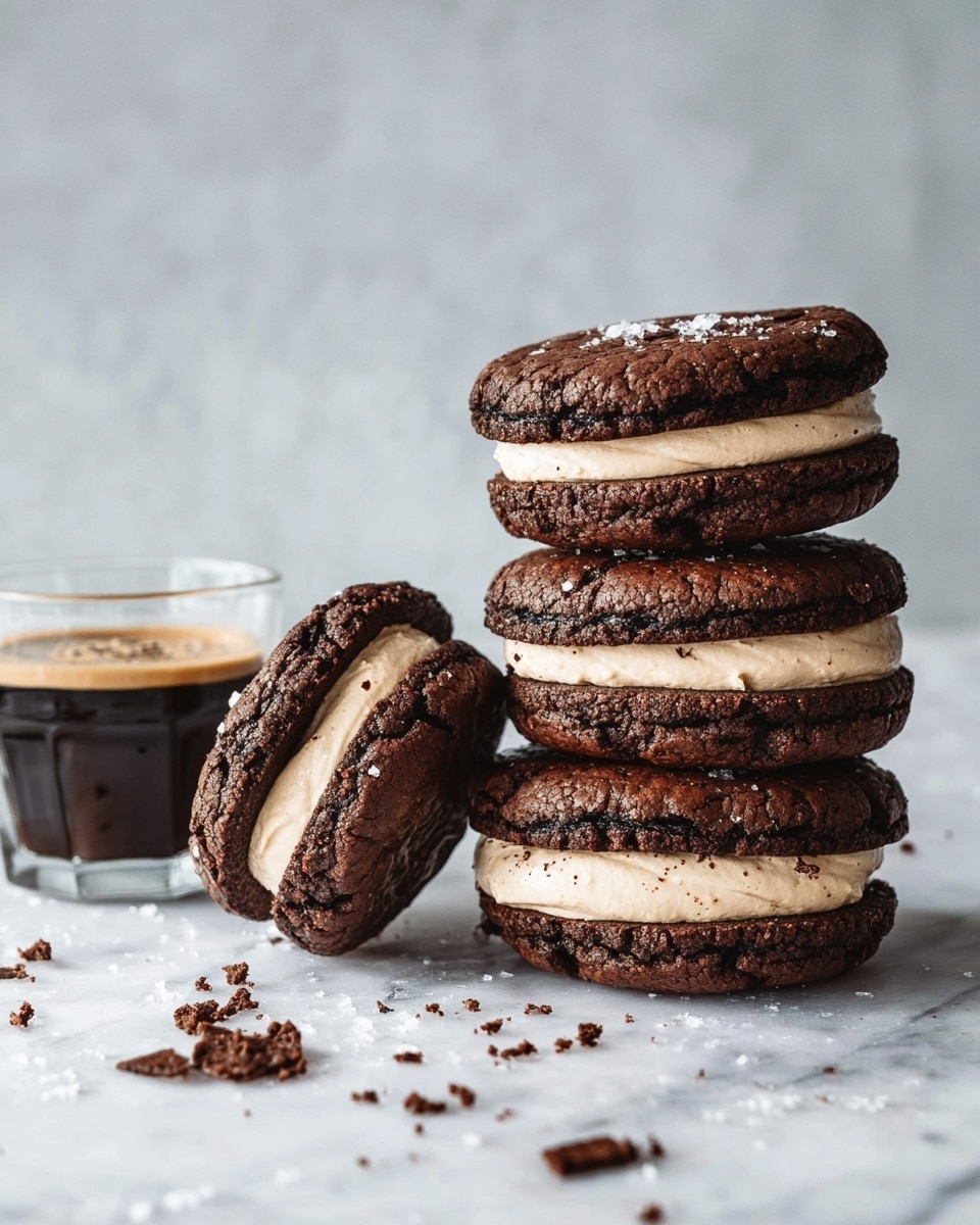 The image shows a stack of three chocolate cookie sandwiches with thick, light beige cream filling between two cracked dark chocolate cookie layers. Next to the stack are two more cookie sandwiches leaning against each other, showing the same cream filling and dark cracked cookie texture. The cookies have a rough, uneven surface with visible cracks, and a few flakes of coarse salt on top. To the left, there is a small clear glass cup filled halfway with dark black coffee. The surface under the cookies and cup has a white marbled texture with some cookie crumbs and small broken pieces scattered around. The background is a soft, light gray color, giving a calm and clean look. photo taken with an iphone --ar 4:5 --v 7