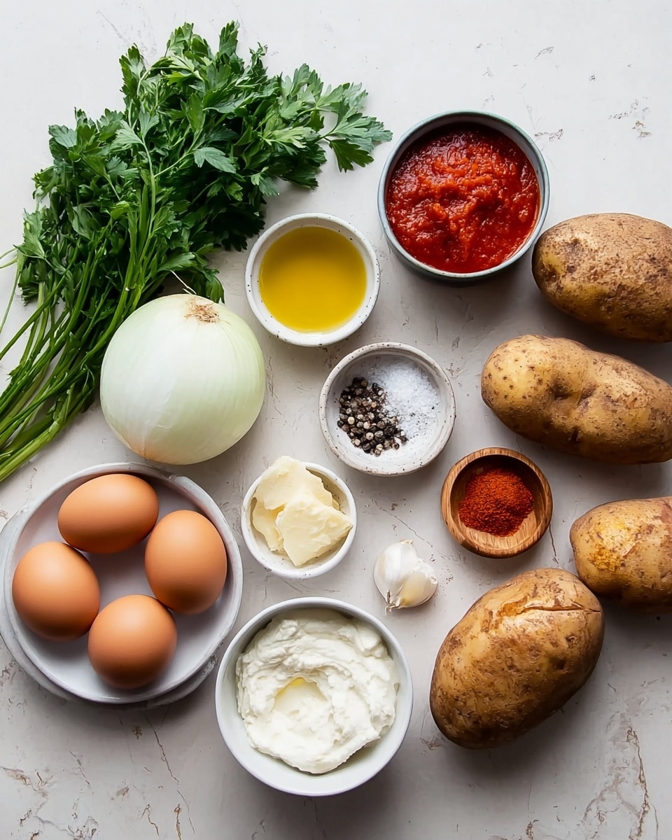 A white marbled surface holds an arrangement of cooking ingredients: three whole brown eggs grouped beside a bunch of fresh green parsley, all on the left side; next to them is a half white onion, a small white bowl filled with red tomato sauce, a white bowl with golden olive oil, and a tiny white bowl with minced garlic; close by, a small white bowl with black and white salt and pepper, a larger white bowl with white creamy sauce, and a wooden bowl with red spice powder are neatly placed; three large brown potatoes stand on the right side, completing the scene. Photo taken with an iphone --ar 4:5 --v 7