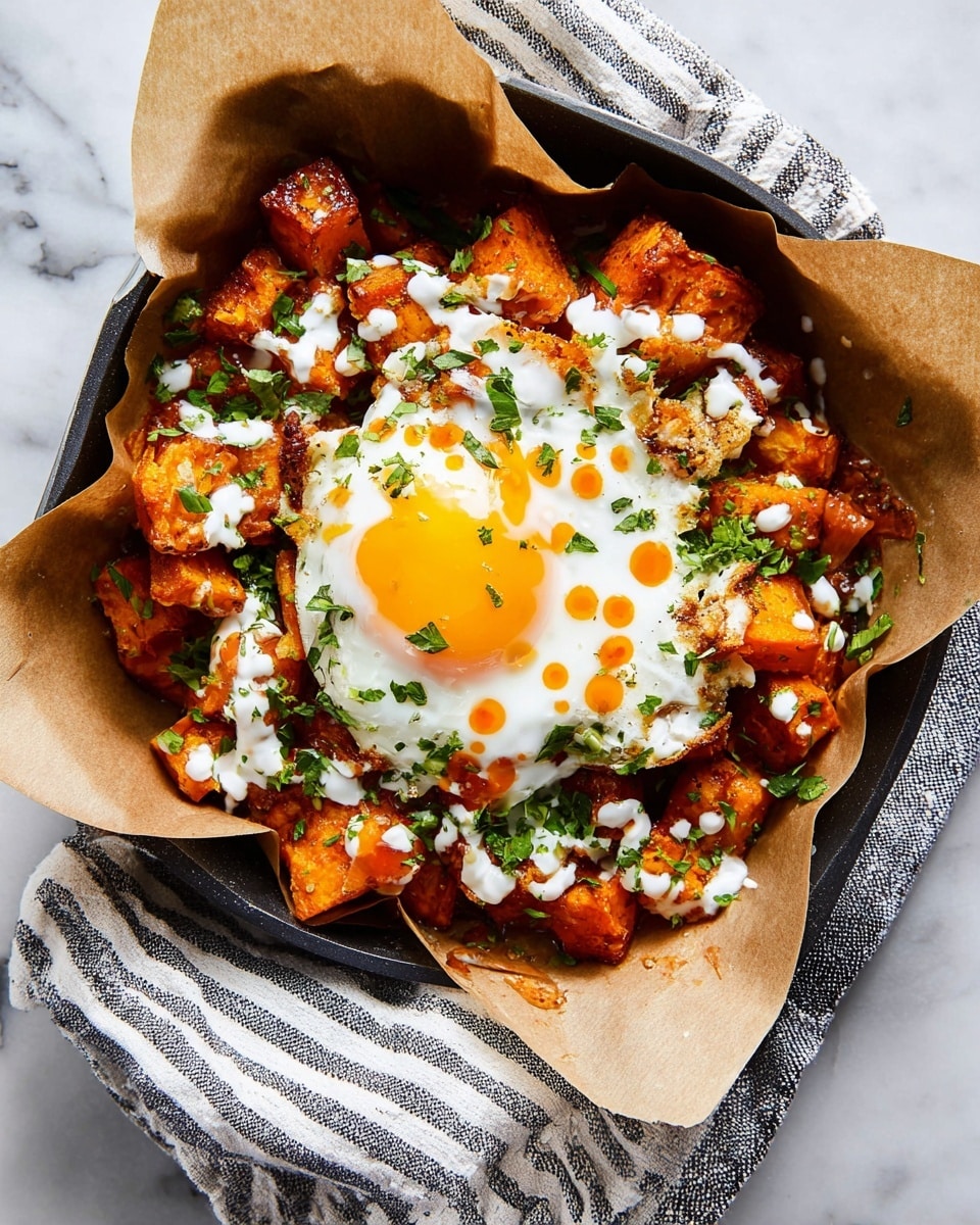 A black pan lined with brown parchment paper holds a dish with two layers: the bottom layer is made of orange roasted potato cubes covered in small bits of green herbs, and the top layer has a sunny-side-up egg with a bright yellow yolk and white edges that are slightly crispy, drizzled with white sauce and orange sauce in small drops. The pan sits on a white marbled surface with a striped cloth nearby. photo taken with an iphone --ar 4:5 --v 7