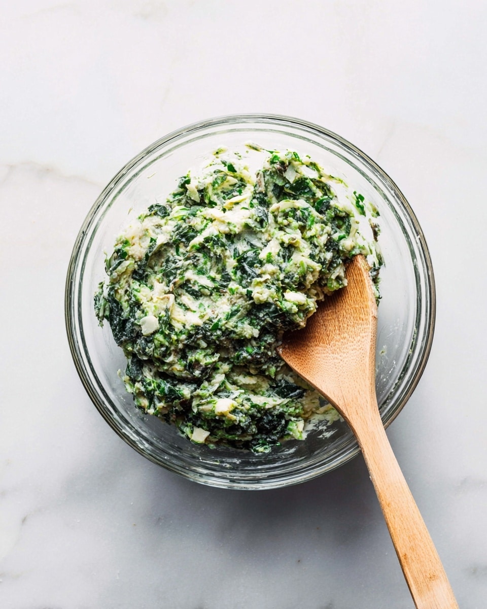 A clear glass bowl filled with a mixed green and white mash. The mash has a chunky texture with visible chopped dark green leafy vegetables and lighter green bits, mixed with a creamy white base. A light wood spoon with a smooth finish rests inside the bowl on the right side, partially submerged in the mixture. The bowl is placed on a white marbled surface, giving a clean and bright background. photo taken with an iphone --ar 4:5 --v 7