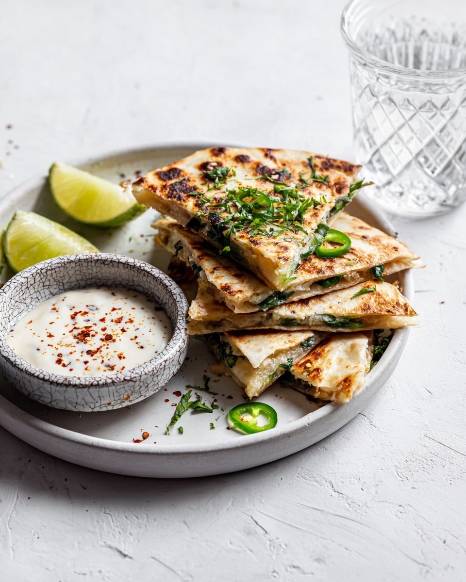The image shows a white plate with a stack of grilled quesadilla wedges, each piece showing toasted golden-brown spots and filled with a light interior, likely cheese and greens. The quesadillas are topped with chopped green herbs and sliced green chili peppers, scattered unevenly on the triangles. To the left of the plate, there is a small light grey bowl with a cracked pattern, filled with smooth white sauce, sprinkled with chili flakes and herbs. Next to the bowl, there are two lime wedges with a fresh green and yellow color. The scene is set on a white marbled surface, and a clear faceted glass of water is visible in the upper right background, slightly out of focus. photo taken with an iphone --ar 4:5 --v 7