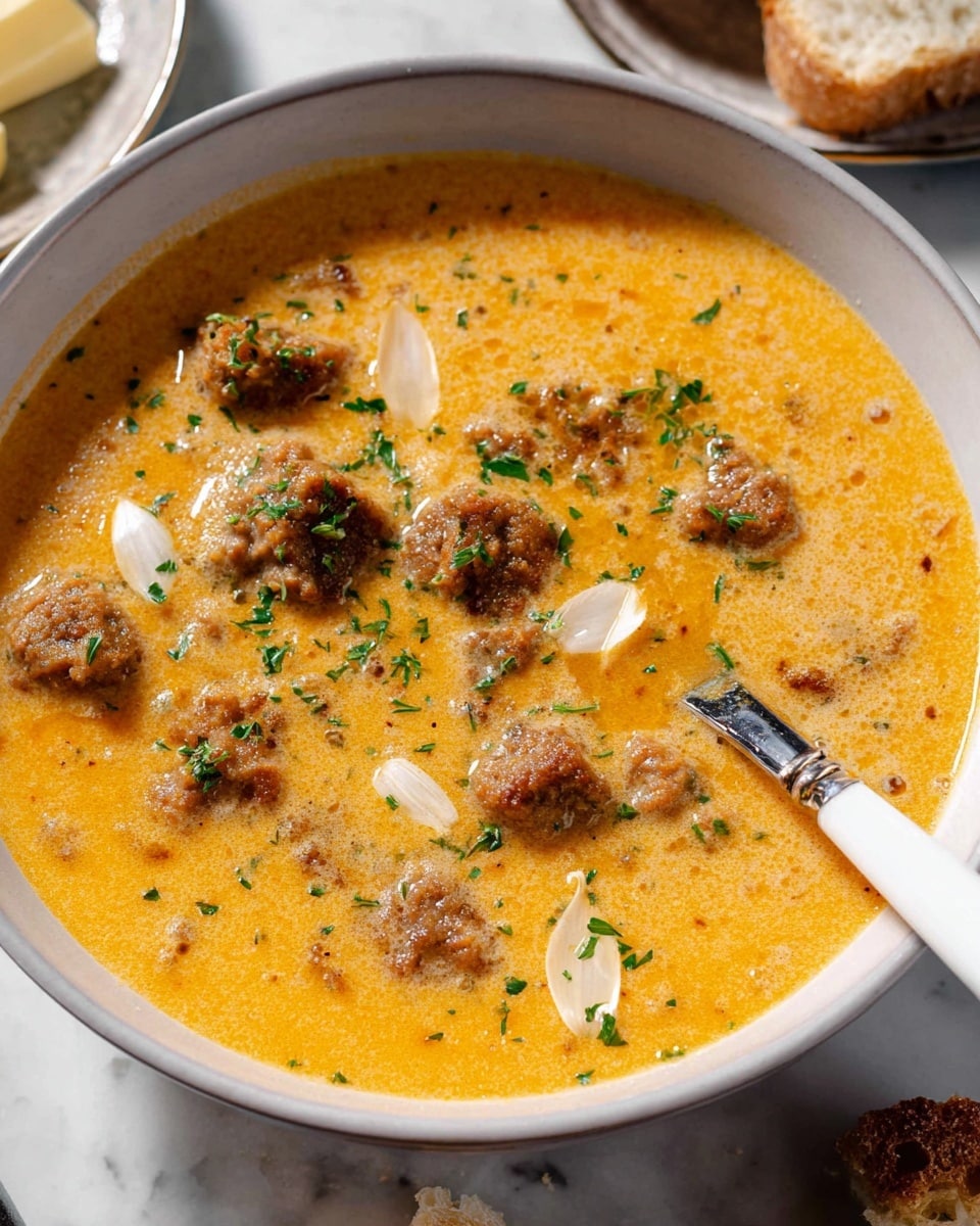 A white bowl filled with a creamy orange soup that has small chunks of brown textured pieces scattered throughout. Thin slices of white garlic and small bits of green herbs float on the surface, adding color contrast. A spoon with a white handle and black tip rests inside the bowl. The bowl sits on a white marbled surface with pieces of torn bread nearby and a blurred plate of butter and garlic in the background. photo taken with an iphone --ar 4:5 --v 7