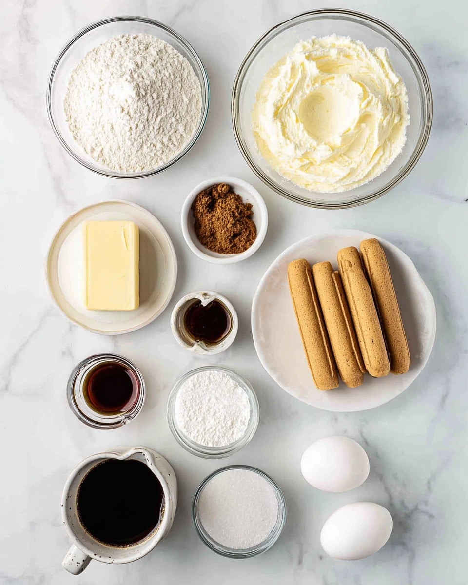 The image shows a white marbled surface with various ingredients arranged neatly. At the top left is a clear glass bowl filled with white flour, next to it on the right is a white bowl with a creamy white mixture. Below and slightly to the left is a white plate holding a piece of pale yellow butter. A little right of center, there is a small glass bowl with brown crumbs and to the right of it, a white plate stacked with several light brown ladyfinger biscuits. Near the bottom center are two small glass bowls with white powders, one larger bowl full of white granulated sugar, a small glass container of dark brown vanilla extract, a small black cup filled with dark coffee, a glass jug with white milk on the lower left, and a white bowl holding two white eggs on the lower right. The items are spread out with clear space between them, all placed on the white marbled surface. Photo taken with an iphone --ar 4:5 --v 7