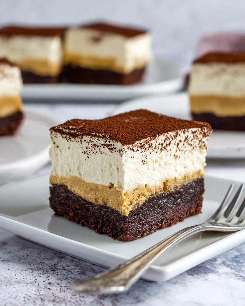 The image shows a square dessert with three clear layers placed on a white square plate with a silver fork beside it. The bottom layer is thick, dark brown, and dense like a brownie. The middle layer is thinner with a golden caramel-like texture. The top layer is the thickest, creamy, and light beige in color, sprinkled evenly with dark cocoa powder. In the background, there are more pieces of the same dessert on white plates, all set on a white marbled surface with a soft blurred background. Photo taken with an iphone --ar 4:5 --v 7