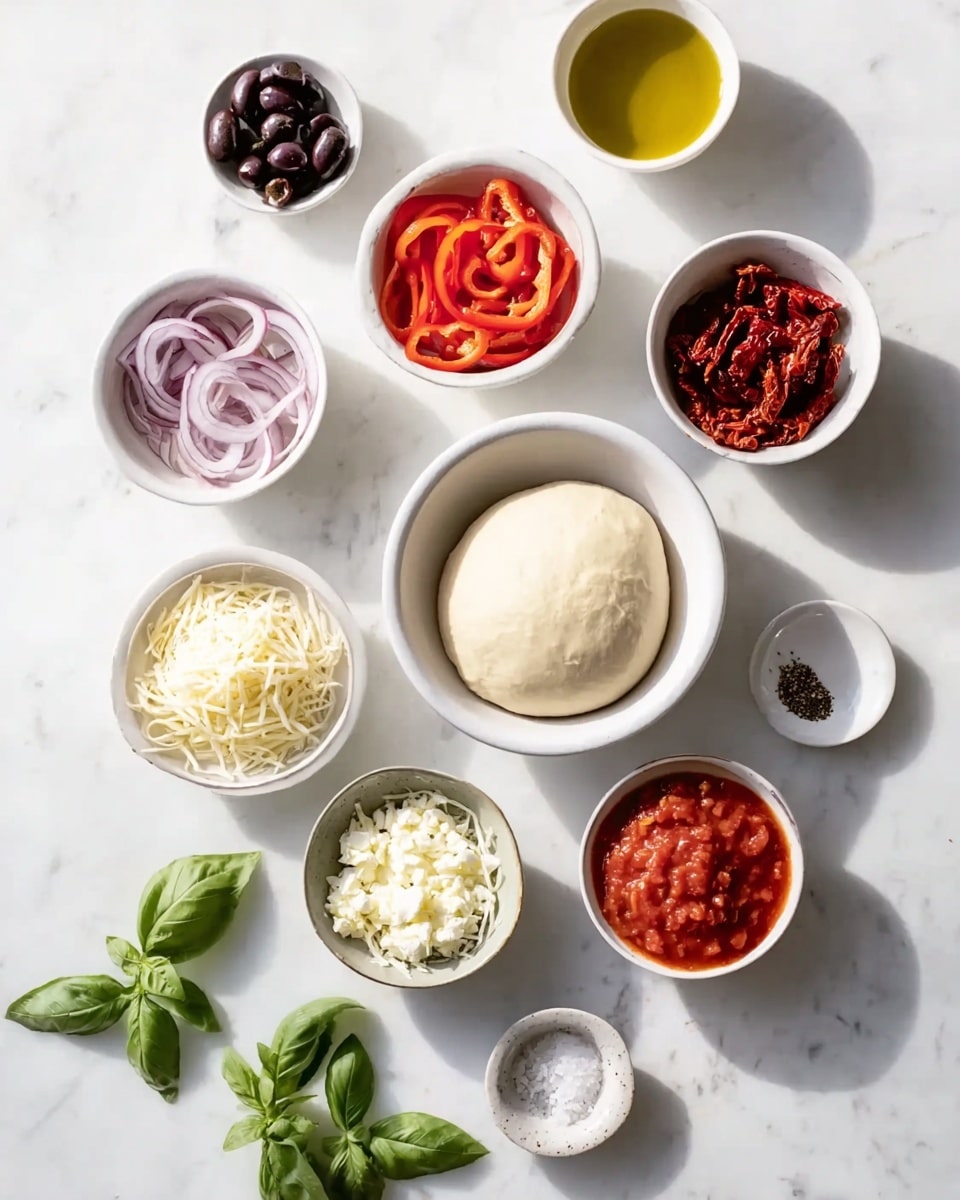 The image shows multiple small white bowls arranged on a white marbled surface, each holding different ingredients for making a pizza. Near the center is a ball of smooth, light beige dough in a white bowl. Around it are bowls with shredded white cheese, sliced red bell peppers, sliced red onions, dark red sun-dried tomatoes, black olives, a red tomato sauce, and crumbled white cheese. There is also a small bowl with olive oil and two small white dishes containing salt and black pepper. Fresh green basil leaves are scattered near the bottom left corner. The lighting is bright and natural, highlighting the colors and textures of the ingredients clearly. photo taken with an iphone --ar 4:5 --v 7