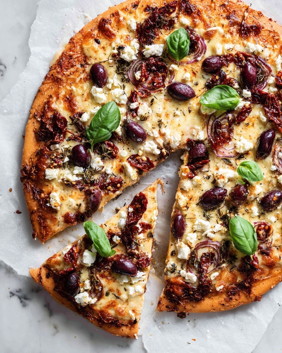 A pizza with a golden-brown crust forms the base, topped with a layer of melted cheese in white and light yellow shades. On top, there are dark purple kalamata olives scattered across, along with slices of deep red sun-dried tomatoes and thin strips of light purple red onion. Small white crumbles of feta cheese are evenly spread, adding texture. Bright green fresh basil leaves are placed on top, giving pops of color. The pizza is cut into slices, with one slice slightly pulled away, resting on white parchment paper over a white marbled surface. The overall look is warm and inviting with a mix of fresh and cooked ingredients photo taken with an iphone --ar 4:5 --v 7