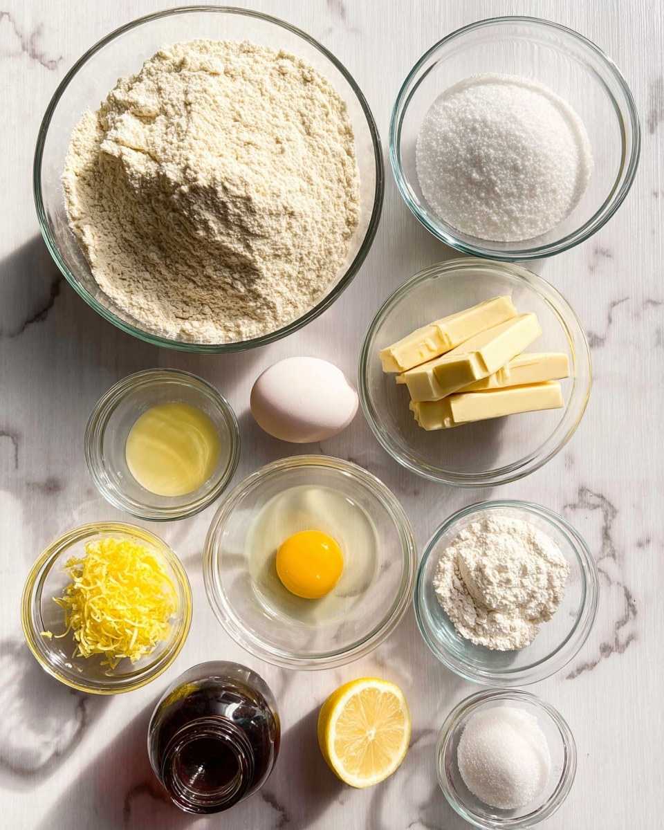 A top view of various baking ingredients neatly placed on a white marbled surface: a large clear glass bowl at the top left filled with light beige flour, a medium clear glass bowl to the right filled with white granulated sugar, a smaller clear glass bowl beneath the flour filled with a clear liquid, a smaller clear glass bowl below the liquid containing a bright yellow egg yolk, a small glass bowl on the far right holding two pale yellow sticks of butter, a small clear bowl at the bottom right with white powders, a whole white egg resting next to the butter bowl, a small clear bowl at the middle left with bright yellow lemon zest, half a sliced lemon showing its pale yellow flesh below the zest, and a small dark glass bottle at the bottom left. The items are organized in three rows with natural light creating soft shadows, photo taken with an iphone --ar 4:5 --v 7