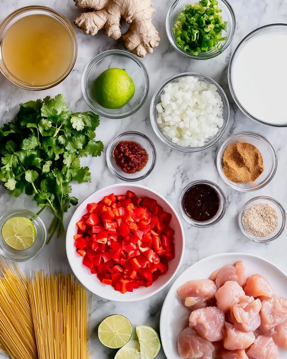 The image shows different ingredients laid out on a white marbled surface. In the bottom right, there is a white plate filled with small pink pieces of raw chicken. Above it, there is a fresh ginger root next to a bowl of thick white coconut milk. To the left, a bowl of bright red diced bell peppers is placed near a bunch of fresh green cilantro and a halved green lime. Above the peppers, there is a small bowl of chopped green onions, while next to it, there is a bowl with a dark red paste and another bowl of light brown sugar. Near the bottom left, a clear bowl contains golden broth, and the middle left shows a pile of uncooked thin rice noodles next to a few cloves of peeled garlic and a small bowl of white diced onions. The layout is neat and colorful, creating a fresh and inviting look. photo taken with an iphone --ar 4:5 --v 7