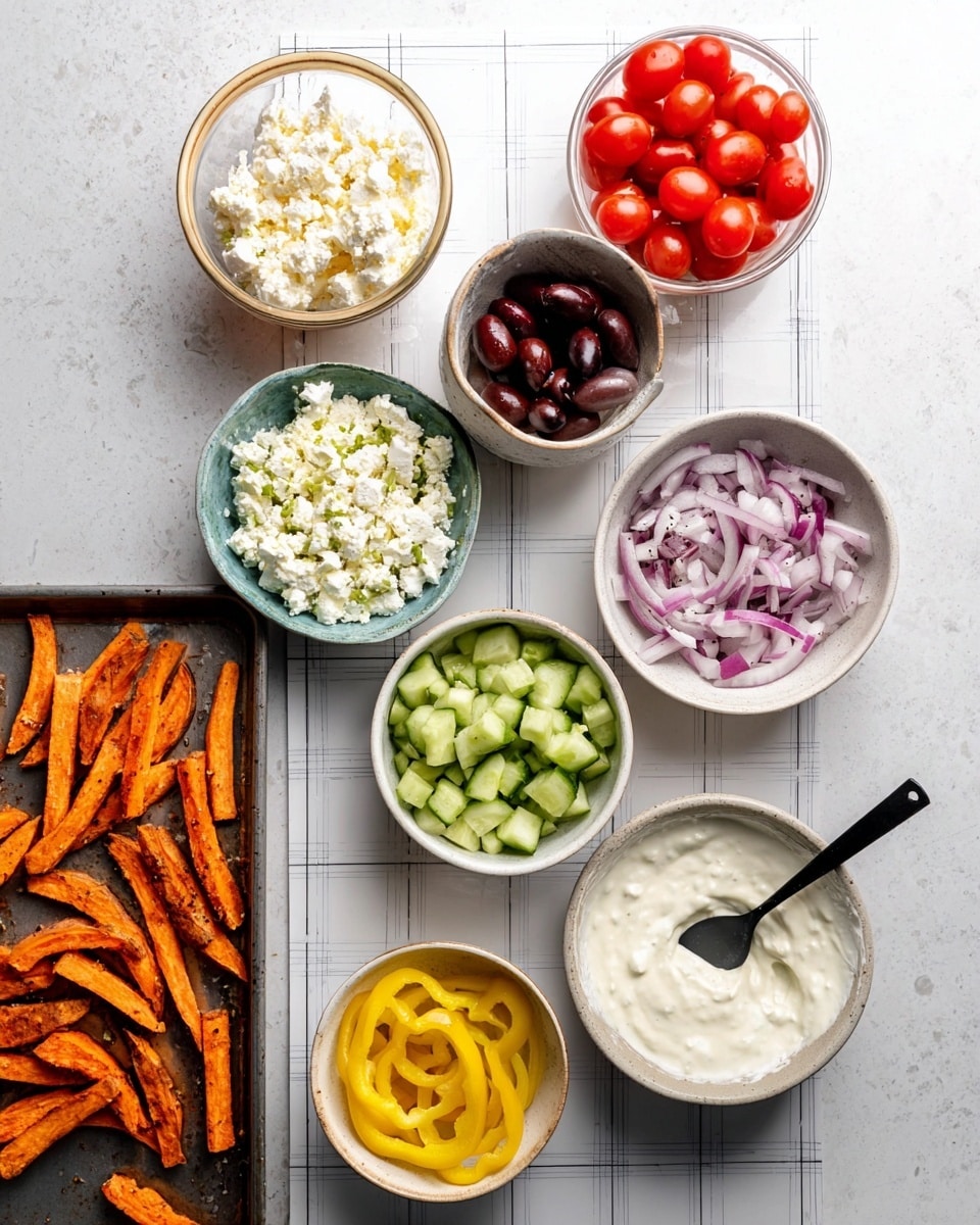 The image shows several small bowls with fresh ingredients arranged neatly on a white marbled surface with visible grid lines. There is a bowl of bright red halved cherry tomatoes near the top center, a bowl of sliced dark purple olives just below it, and a bowl of finely chopped red onions to the right of the olives. To the left of the olives, there is a bowl of crumbled white feta cheese. Below the feta is a bowl filled with diced green cucumbers. Near the bottom right, there is a bowl of thick white creamy sauce with a black spoon inside. Above this sauce bowl is a small white bowl of bright yellow banana pepper rings. Finally, on the left side of the frame, a baking tray holds orange sweet potato fries with a crispy texture. Photo taken with an iphone --ar 4:5 --v 7