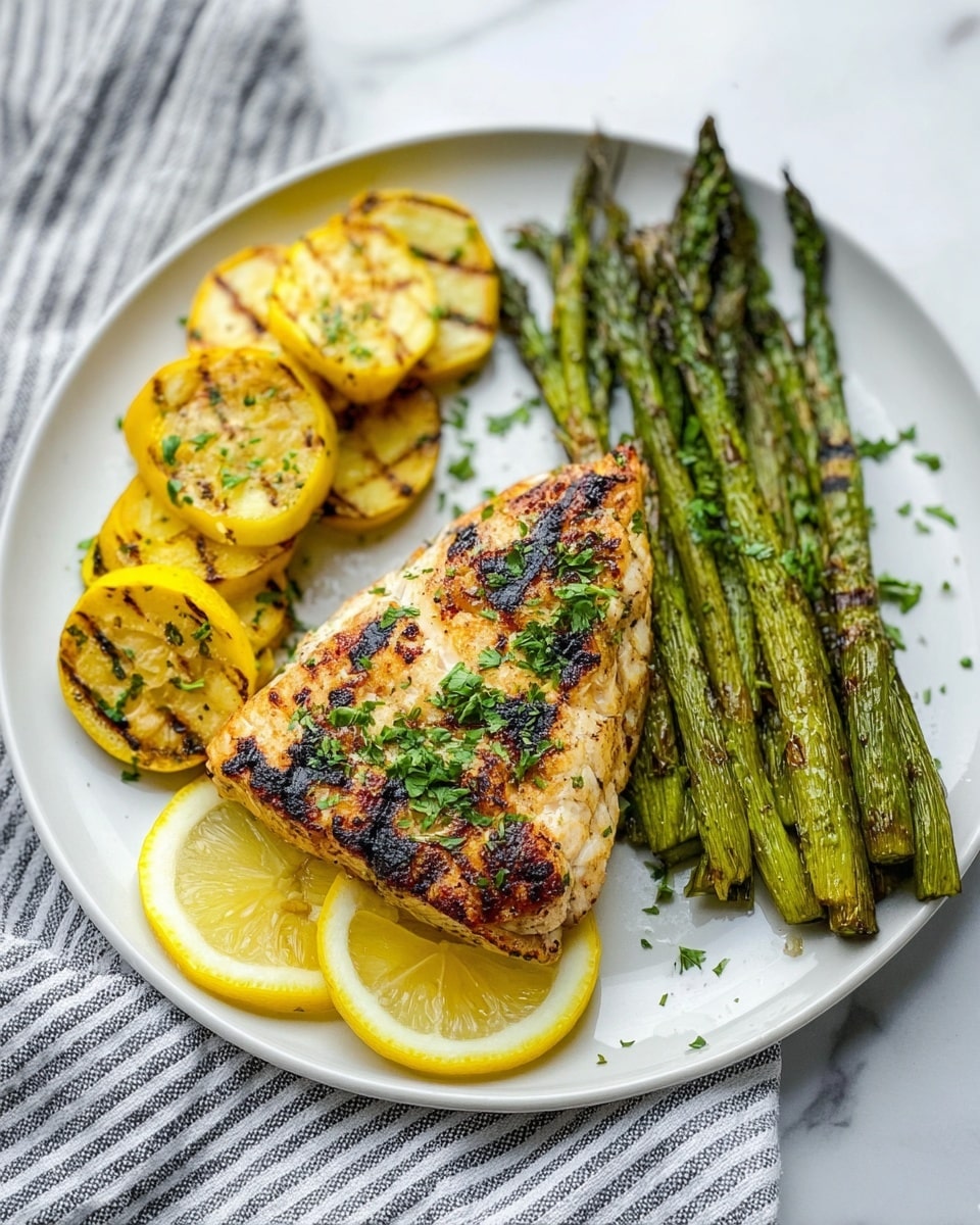 The image shows a white plate on a white marbled surface with a grilled triangular piece of fish in the center, with a slightly charred golden brown texture and sprinkled with green chopped herbs. Beneath the fish are two thin yellow lemon slices. To the left of the fish are five round grilled yellow squash slices arranged in a slightly overlapping line, showing grill marks and a soft texture. To the right of the fish are five grilled green asparagus spears with visible char marks and a tender look. The plate is placed on a striped cloth napkin. Photo taken with an iphone --ar 4:5 --v 7