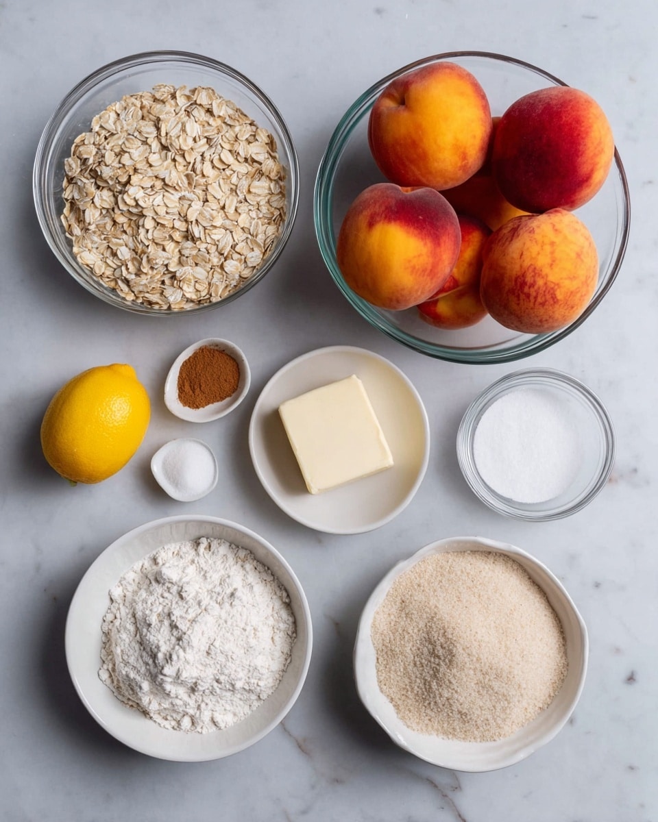 The image shows several clear and white bowls arranged on a white marbled surface, each containing different ingredients. Starting from the top right, there is a large clear bowl filled with ripe peaches that are orange and red. To its left, a white bowl holds rolled oats which are light beige and flat. Below that, a small clear bowl contains a stick of pale butter. Next to it is a small white bowl with white powdered sugar and brown cinnamon powder side by side. Below the oats is a clear bowl filled with white flour. On the bottom left, there is a white bowl containing light brown sugar. Above the sugar is a small clear bowl with white salt. Finally, a bright yellow lemon is placed near the top left corner. The scene is brightly lit, highlighting the natural colors and textures of the ingredients. Photo taken with an iphone --ar 4:5 --v 7