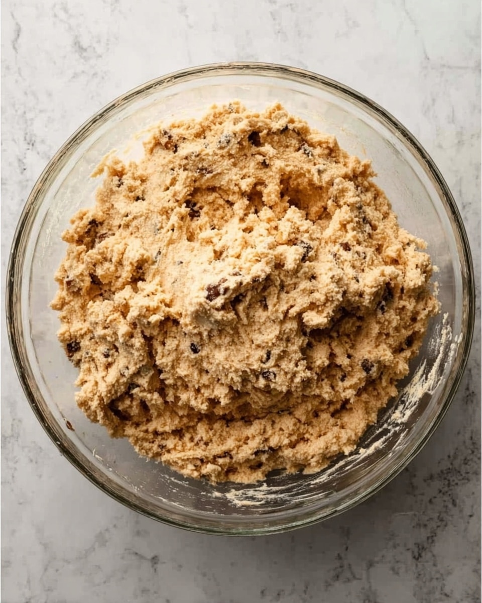 The image shows a clear glass bowl filled with a chunky, creamy mixture of light beige and brown colors, appearing thick and textured with visible pieces of what looks like nuts or dried fruits mixed in. The bowl is placed on a white marbled surface, and the mixture has a rough, uneven top layer that looks soft and rich. The clear bowl highlights the texture and color variations of the mixture inside. photo taken with an iphone --ar 4:5 --v 7