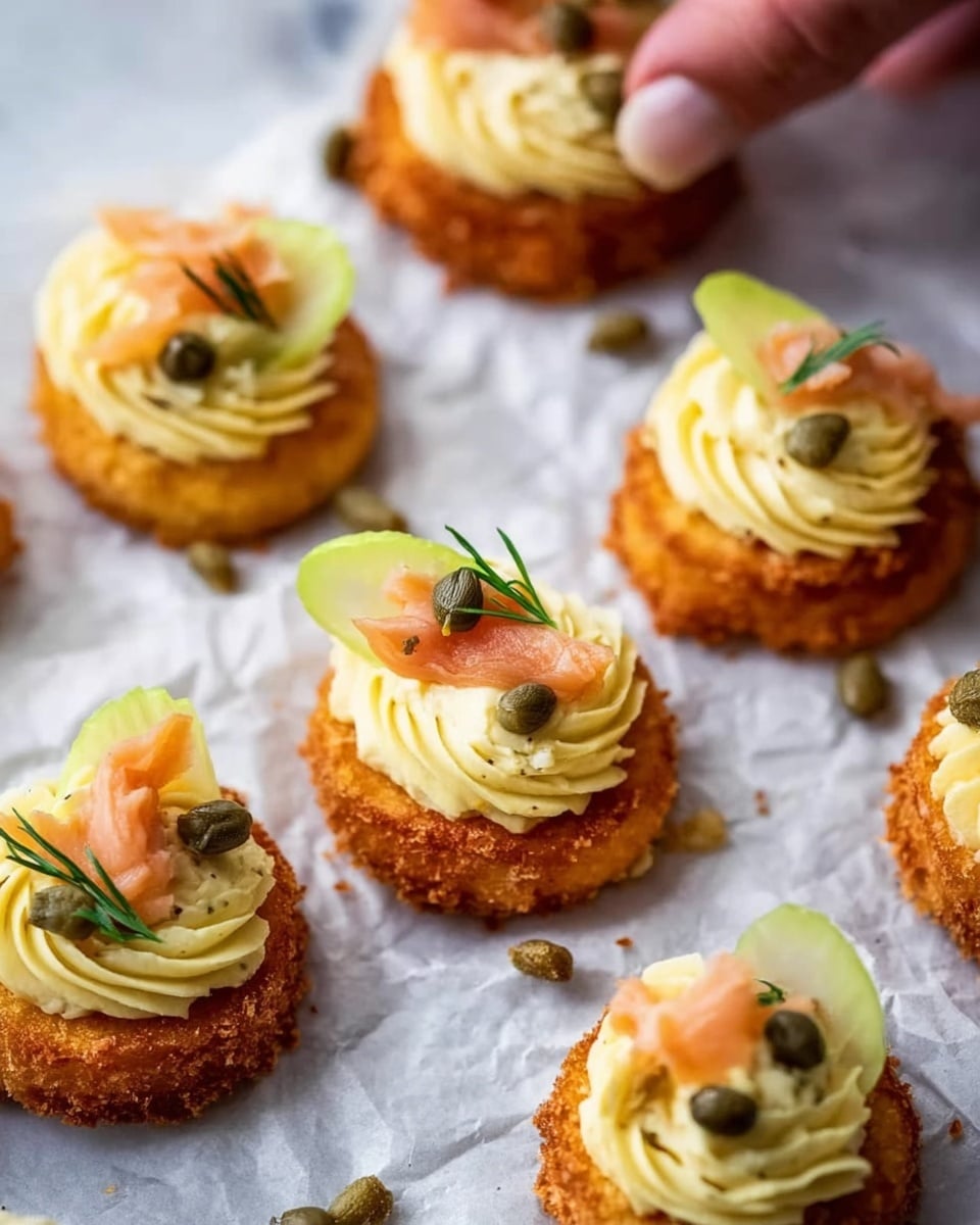 The image shows several round, golden-brown, crispy bite-sized appetizers arranged on white parchment paper over a white marbled surface. Each piece has a thick, crunchy base topped with pale yellow swirls of creamy spread. Some are decorated with thin wedges of pale green celery leaves, small dark green capers, and tiny pieces of light pink smoked salmon. The textures range from the crunchy base to the smooth, soft topping, creating a rich layered look. A woman's hand is about to pick one up from the top left corner. photo taken with an iphone --ar 4:5 --v 7