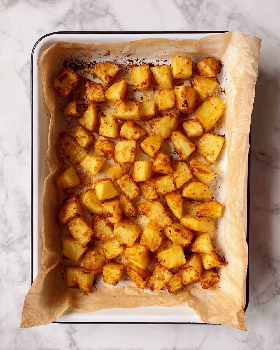 A white rectangular baking tray filled with one layer of golden-brown roasted potato cubes, some pieces slightly darker at the edges, resting on light brown parchment paper with visible oil stains; the tray sits on a white marbled surface, highlighting the warm colors and crisp texture of the potatoes photo taken with an iphone --ar 4:5 --v 7