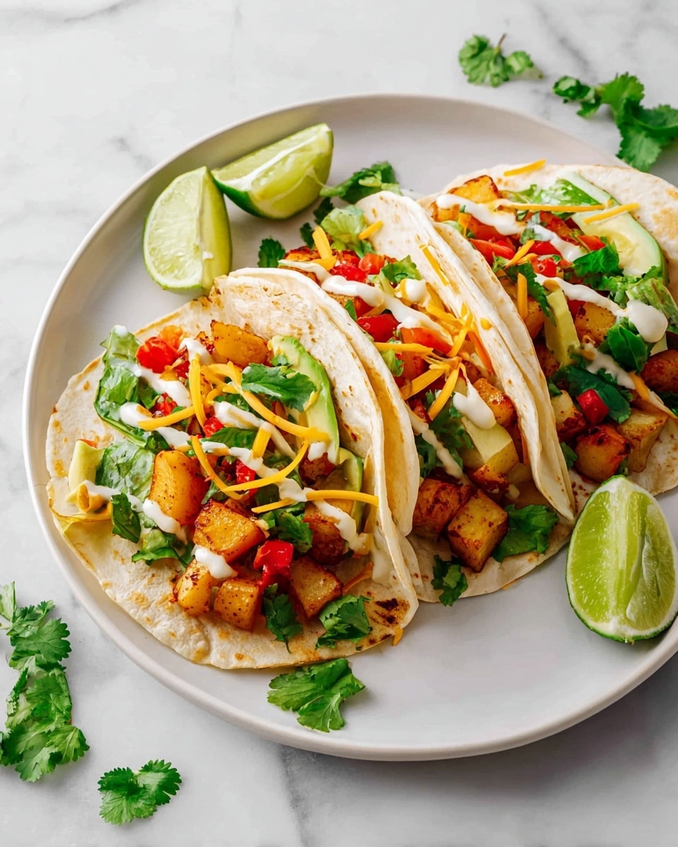 Three soft white tortillas are filled with layers of diced golden brown roasted potatoes, bright red chopped tomatoes, fresh green lettuce, and green avocado slices. These layers are topped with thin strips of yellow cheddar cheese and dotted with light cream-colored sauce. Fresh green cilantro leaves are scattered throughout the tacos and around the white plate, which sits on a white marbled surface. Lime wedges are placed near the plate, adding a pop of green. Photo taken with an iphone --ar 4:5 --v 7