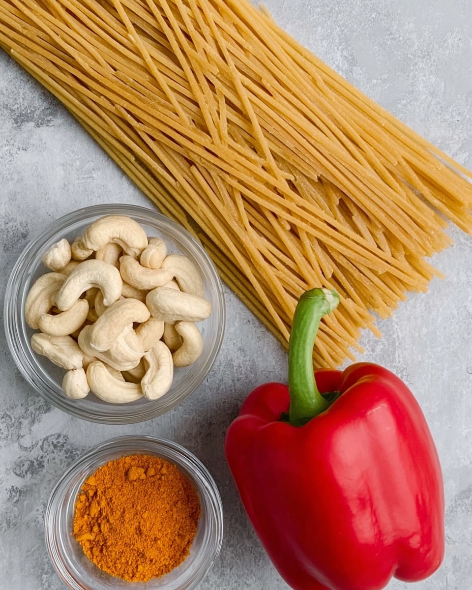 The image shows uncooked flat pasta strands laid out in the center on a white marbled surface. To the left, there is a small clear glass bowl filled with light beige cashew nuts. Below the pasta, near the bottom edge, there is a smaller clear glass bowl containing a bright orange powder spice. To the right of the pasta, a whole red bell pepper with a green stem sits directly on the white marbled surface. The colors of the ingredients light beige, orange, red, and green stand out against the neutral white marble. Photo taken with an iphone --ar 4:5 --v 7