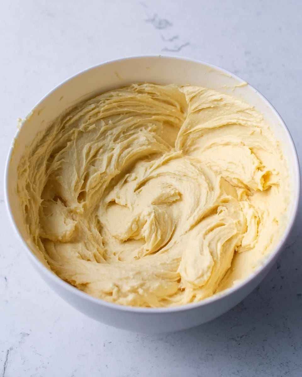 A white bowl filled with a thick, creamy, light yellow mixture that has a smooth and slightly whipped texture. The surface of the mixture shows swirling patterns from stirring or mixing, with small peaks and valleys giving it a soft, fluffy look. The bowl sits on a white marbled surface that adds a clean and bright background to the image. photo taken with an iphone --ar 4:5 --v 7