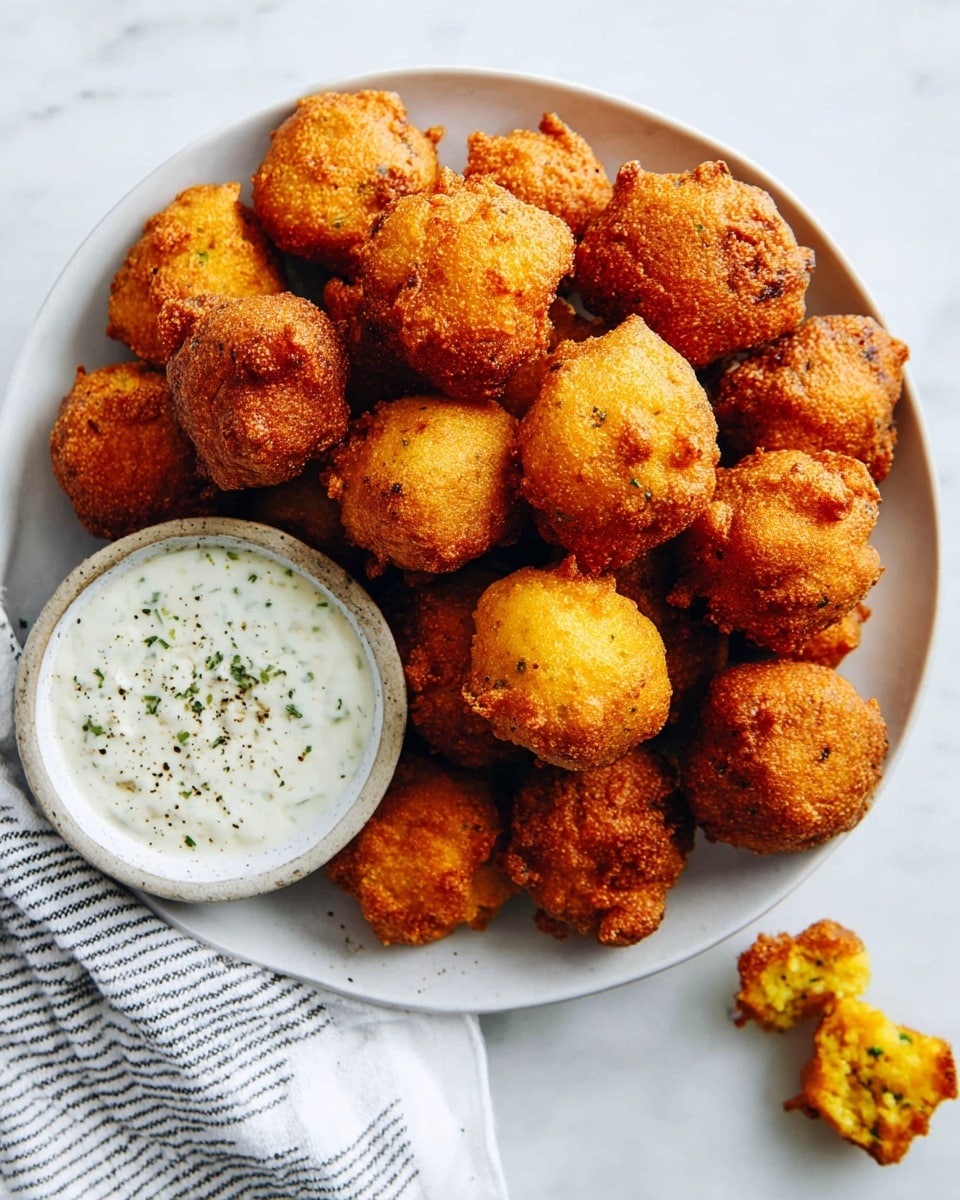A round white plate on a white marbled surface holds about twenty golden-brown, crispy fried hush puppies piled high. The hush puppies have an uneven, rough texture with crispy edges and a warm, inviting color gradient from light yellow to deep brown. To the side of the pile is a small round bowl filled with creamy white dipping sauce speckled with tiny green herbs and black pepper. Two small pieces of broken hush puppy sit outside the plate on the marbled surface, adding a casual feel. A white cloth with thin black stripes is partially wrapped under the plate. Photo taken with an iphone --ar 4:5 --v 7