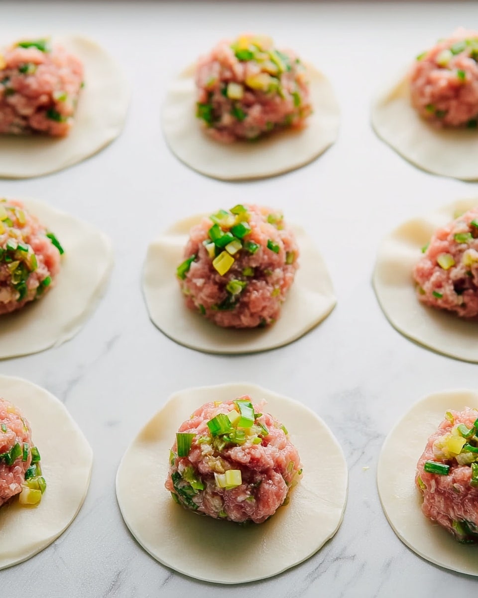 Six round white dumpling wrappers are laid flat on a baking tray with a white marbled surface. Each wrapper holds a mound of raw minced meat mixed with green onion pieces and small bits of a yellow ingredient, placed roughly in the center. The ground meat layer is pinkish with visible green onion specks scattered throughout. The dumplings are evenly spaced in rows, with a soft light enhancing the fresh and moist texture of the ingredients. Photo taken with an iphone --ar 4:5 --v 7