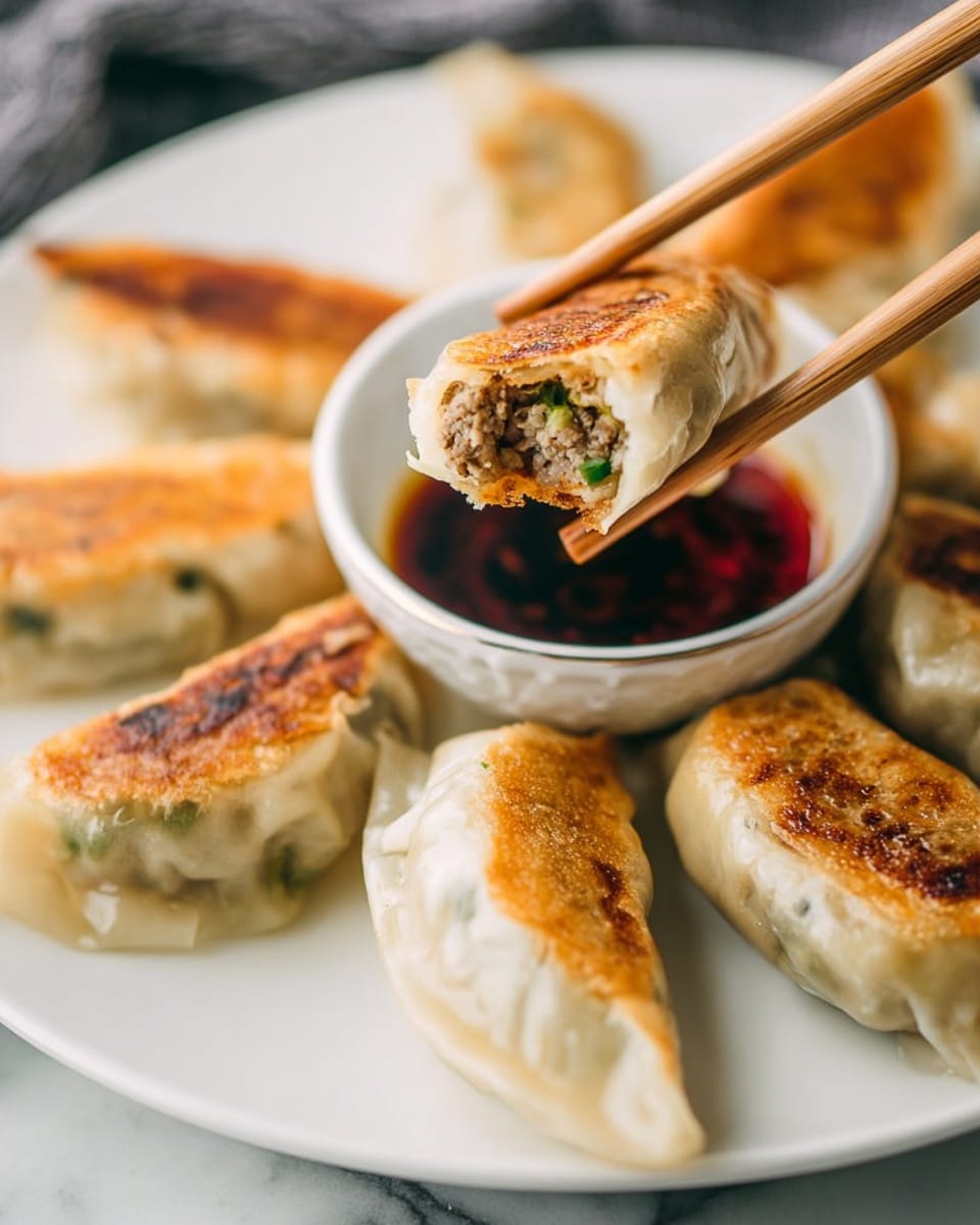 The image shows a white plate with several golden brown pan-fried dumplings arranged around a small white dish filled with dark reddish-brown dipping sauce. One dumpling is held by a pair of wooden chopsticks, revealing a detailed inside with minced meat and green vegetables visible in the soft white dough wrapper. The dumplings have crisp, browned bottoms and tender white tops. The plate is placed on a white marbled surface. Photo taken with an iphone --ar 4:5 --v 7
