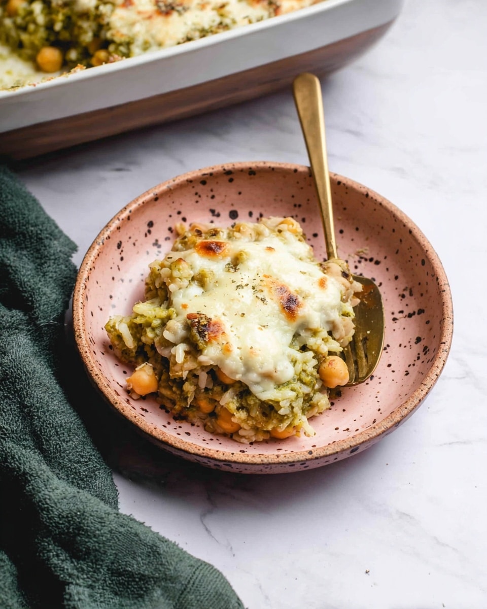 A serving of baked casserole is placed in a round light pink ceramic bowl with dark specks, sitting on a white marbled surface. The casserole has a creamy green sauce base with visible chickpeas and rice mixed in, topped with melted white cheese that has a slightly browned texture. The dish looks soft and cheesy with hints of herbs and spices sprinkled on top. A gold spoon stands upright in the bowl, partially sinking into the casserole. In the upper left corner, a white baking dish with more of the casserole can be seen. A dark green cloth is partially draped on the bottom left corner of the image. Photo taken with an iphone --ar 4:5 --v 7