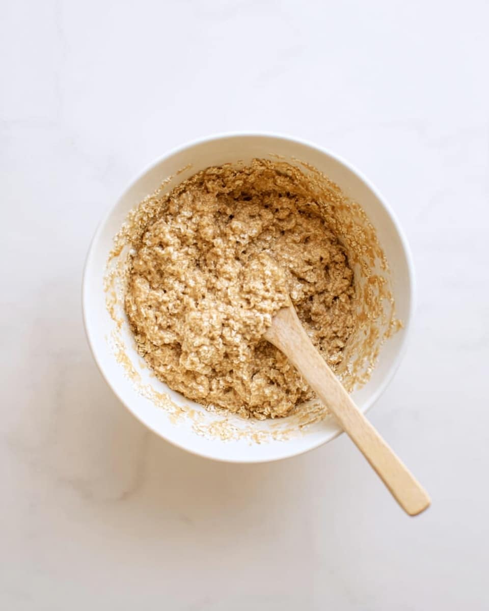 The image shows a white bowl with a thick oatmeal mixture inside. The mixture has a light brown color with visible oat flakes, giving it a textured look. A wooden spoon with a smooth, light beige handle rests inside the bowl, partially covered by the oatmeal. The bowl sits on a white marbled surface, enhancing the clean and simple presentation. Photo taken with an iphone --ar 4:5 --v 7