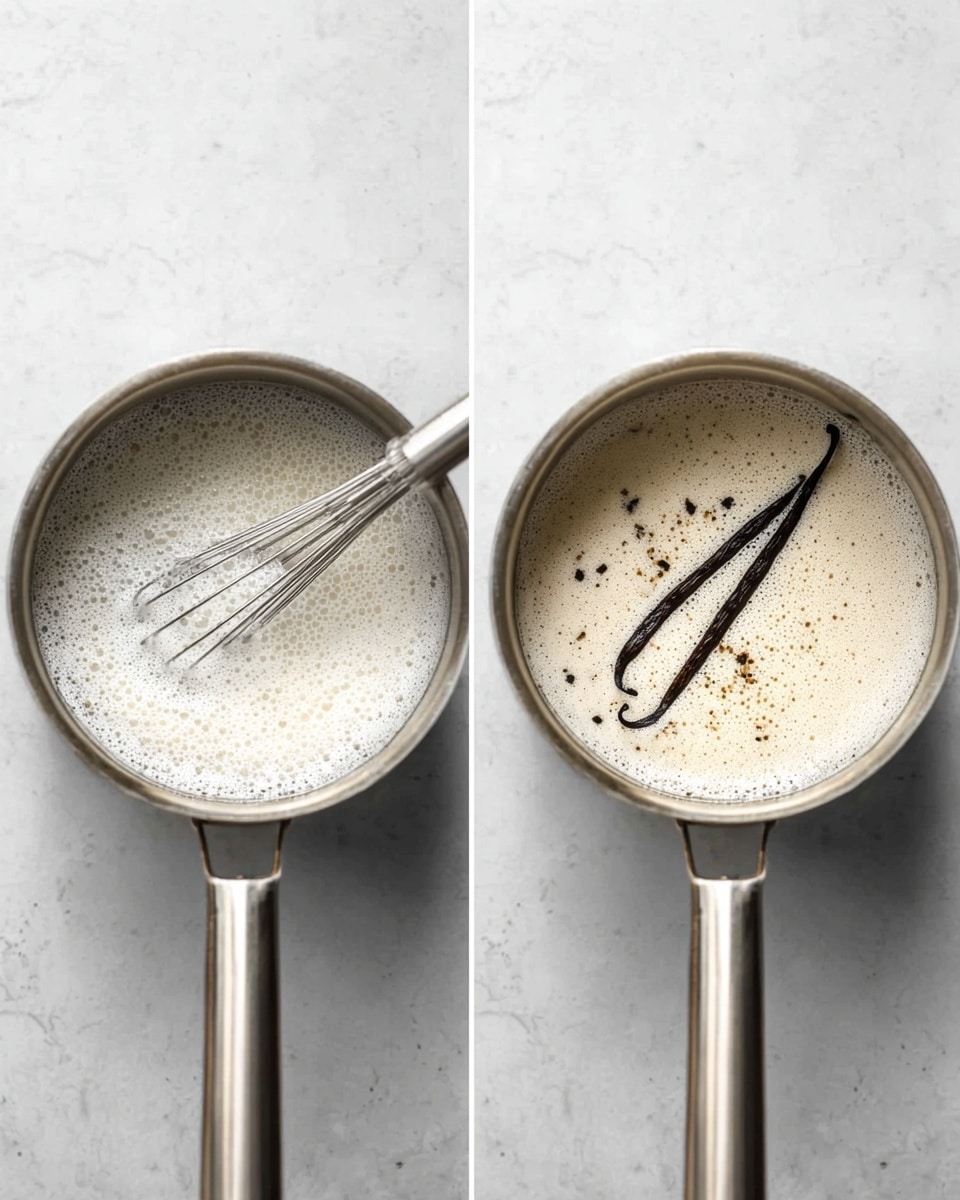 The image shows two side-by-side photos of a stainless steel pot with a long handle filled with a frothy white liquid. In the left photo, a metal whisk rests inside the pot, partially submerged in the liquid. The froth covers the entire surface of the mixture with small bubbles. In the right photo, two vanilla bean pods and some small dark specks float on top of the foam, adding texture and contrast to the smooth white liquid. Both pots sit on a white marbled surface, highlighting the clean and simple look. Photo taken with an iphone --ar 4:5 --v 7