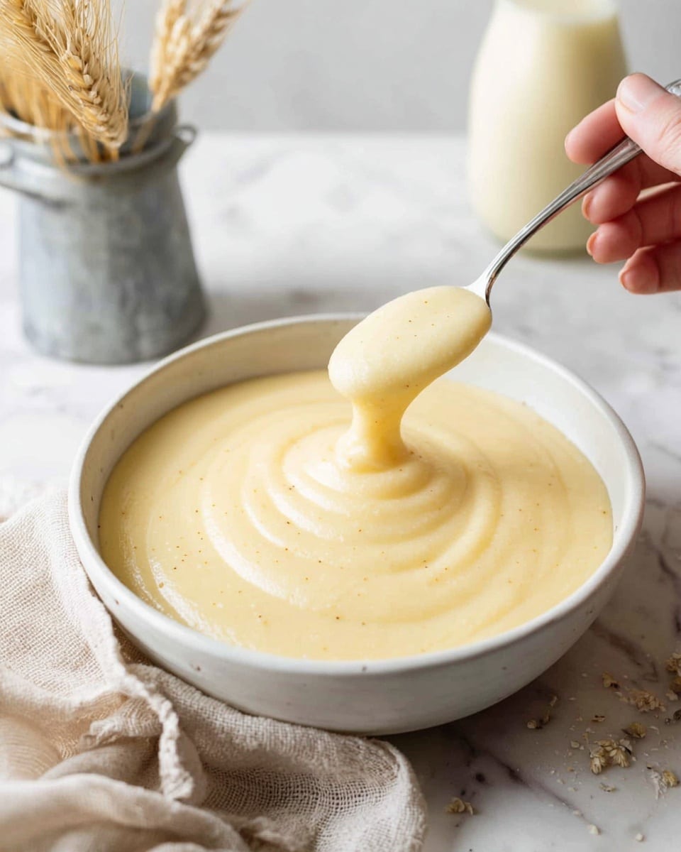 A white bowl filled with smooth, creamy pale yellow custard. The custard has a thick, silky texture with visible tiny vanilla specks spread evenly throughout. A woman's hand is holding a silver spoon, lifting a generous scoop of the custard from the center of the bowl. The bowl sits on a white marbled surface with a soft beige, textured cloth beside it, a small metal pot with dried wheat stems on the left, and a glass bottle filled with pale creamy liquid slightly blurred in the background. photo taken with an iphone --ar 4:5 --v 7