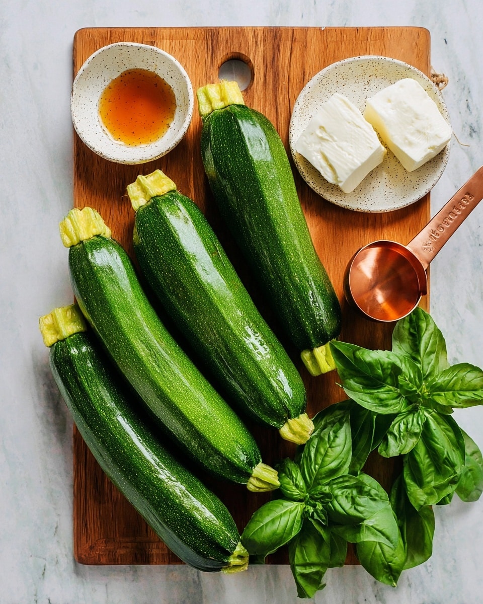 Five whole zucchinis with green skin and yellow tips are arranged on a wooden cutting board. A small white speckled bowl filled with amber-colored honey or syrup sits near the center of the board. To the right, fresh dark green basil leaves are spread out next to a copper measuring cup holding a block of soft white cheese. The background is a white marbled surface. photo taken with an iphone --ar 4:5 --v 7