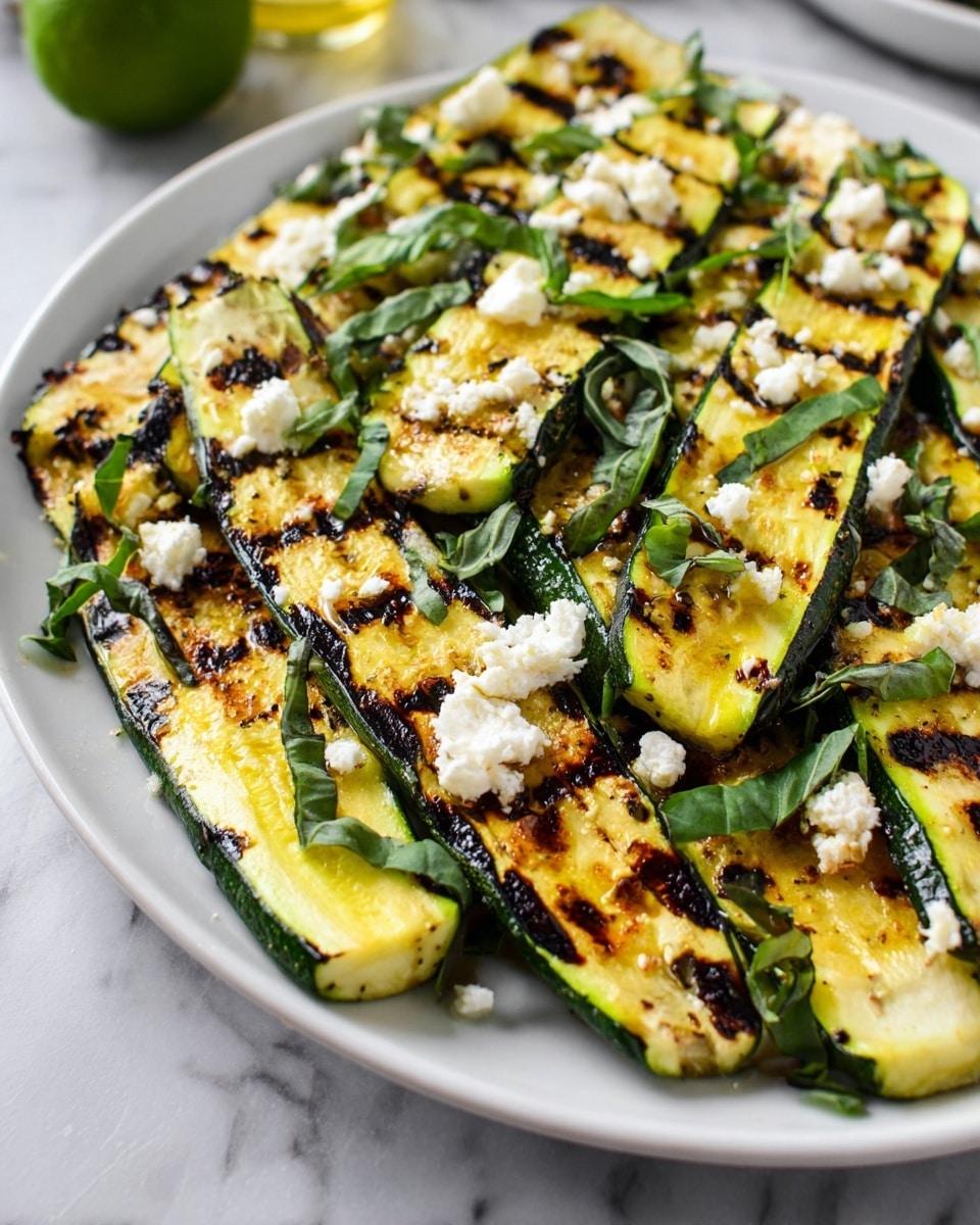 A white plate holds multiple long, thin slices of grilled zucchini with dark char marks, showing a mix of green skin and yellow interior. The zucchini slices are laid flat and slightly overlapping, sprinkled with small chunks of white cheese and thinly sliced fresh dark green basil leaves scattered evenly on top. The plate is set on a white marbled surface with a blurred lime in the background. photo taken with an iphone --ar 4:5 --v 7
