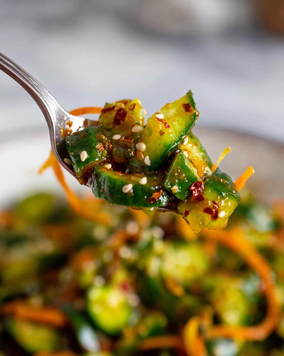 A close-up view shows a silver fork holding a mix of chopped green cucumbers and thin orange carrot strips, coated with a glossy sauce. The cucumbers are bright green with small white seeds visible inside, while the carrots add thin strands of bright orange. Small light brown sesame seeds and tiny dark red flakes of chili are sprinkled on top, adding texture and color contrast. The background is blurred but shows more of the cucumber and carrot mix on a white marbled surface. photo taken with an iphone --ar 4:5 --v 7