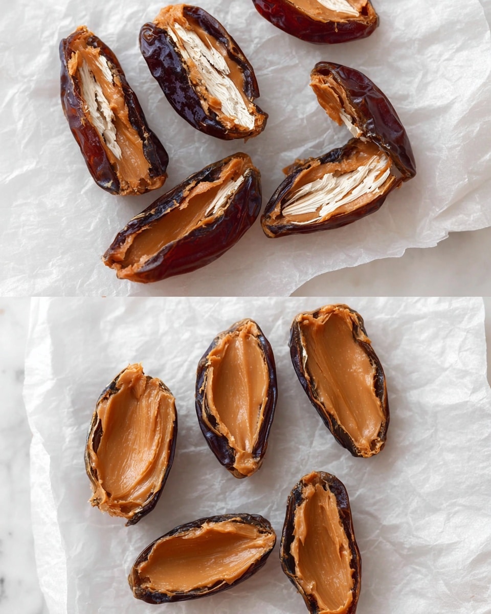 The image shows two close-up views of halved dates on crinkled white parchment paper over a white marbled surface. In the top view, the dates are empty with dark brown, slightly shiny skins and fibrous white interiors. In the bottom view, the same halved dates are filled with smooth, light brown peanut butter that contrasts with the dark edges of the date skins. The peanut butter has a creamy texture with a glossy finish, filling the inside of each date evenly. photo taken with an iphone --ar 4:5 --v 7