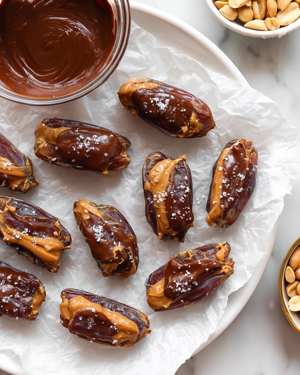 Several small pieces of dates are arranged on crinkled white parchment paper over a white plate. Each date has three layers: the bottom layer is the brown, wrinkled date flesh; the middle layer is a smooth, light caramel-colored peanut butter; the top layer is a glossy, dark brown melted chocolate spread over the peanut butter, with small white salt flakes sprinkled on the chocolate. Part of a clear glass bowl with more melted chocolate and a small bowl of light brown peanuts are visible near the plate on a white marbled texture surface. photo taken with an iphone --ar 4:5 --v 7