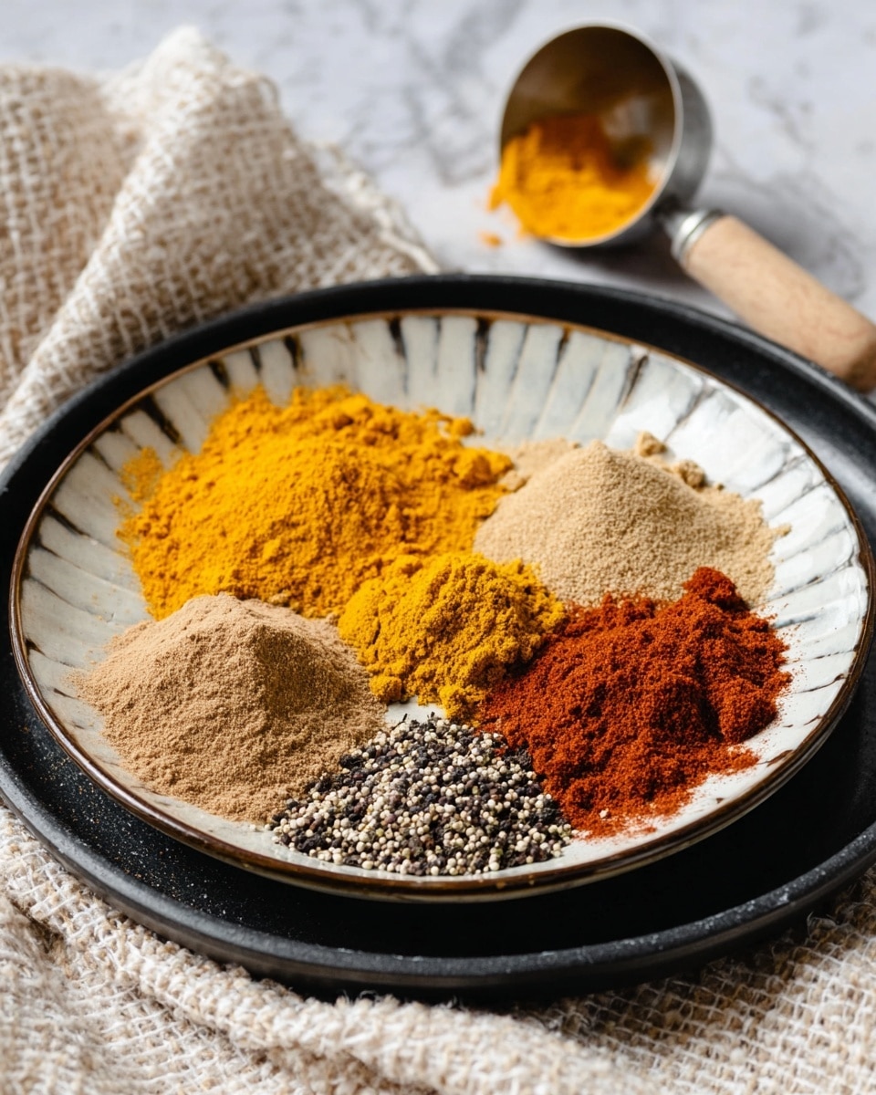 A round white plate with a thin black rim holds six small piles of spices arranged in a circle, each showing a different color and texture: a large bright yellow pile of turmeric powder at the top center, a light beige pile on the right, a medium brown pile slightly below it, a grayish light brown pile at the bottom left, a smaller dark brown pile above it on the left, and a small pile of black and white coarse pepper just above the grayish pile near the center. The plate sits on a black round tray, which is placed on a textured beige and white cloth on a white marbled surface. In the background, a small metal measuring cup with a wooden handle holds some yellow spice. Photo taken with an iphone --ar 4:5 --v 7