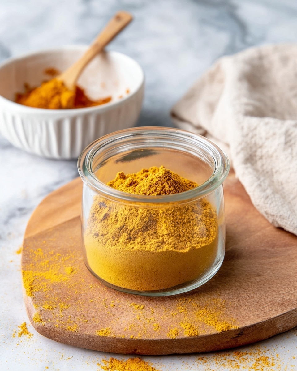 A clear glass jar filled with a mound of fine, bright yellow turmeric powder sits centered on a warm wooden board. The jar has a simple round shape with a thick rim at the top. Behind the jar to the left, there is a white bowl with ridged edges containing some turmeric powder residue and a small matching spoon resting inside. To the right, a light beige cloth is casually folded on a white marbled surface. The turmeric powder lightly dusts parts of the wooden board and the white marble background. photo taken with an iphone --ar 4:5 --v 7