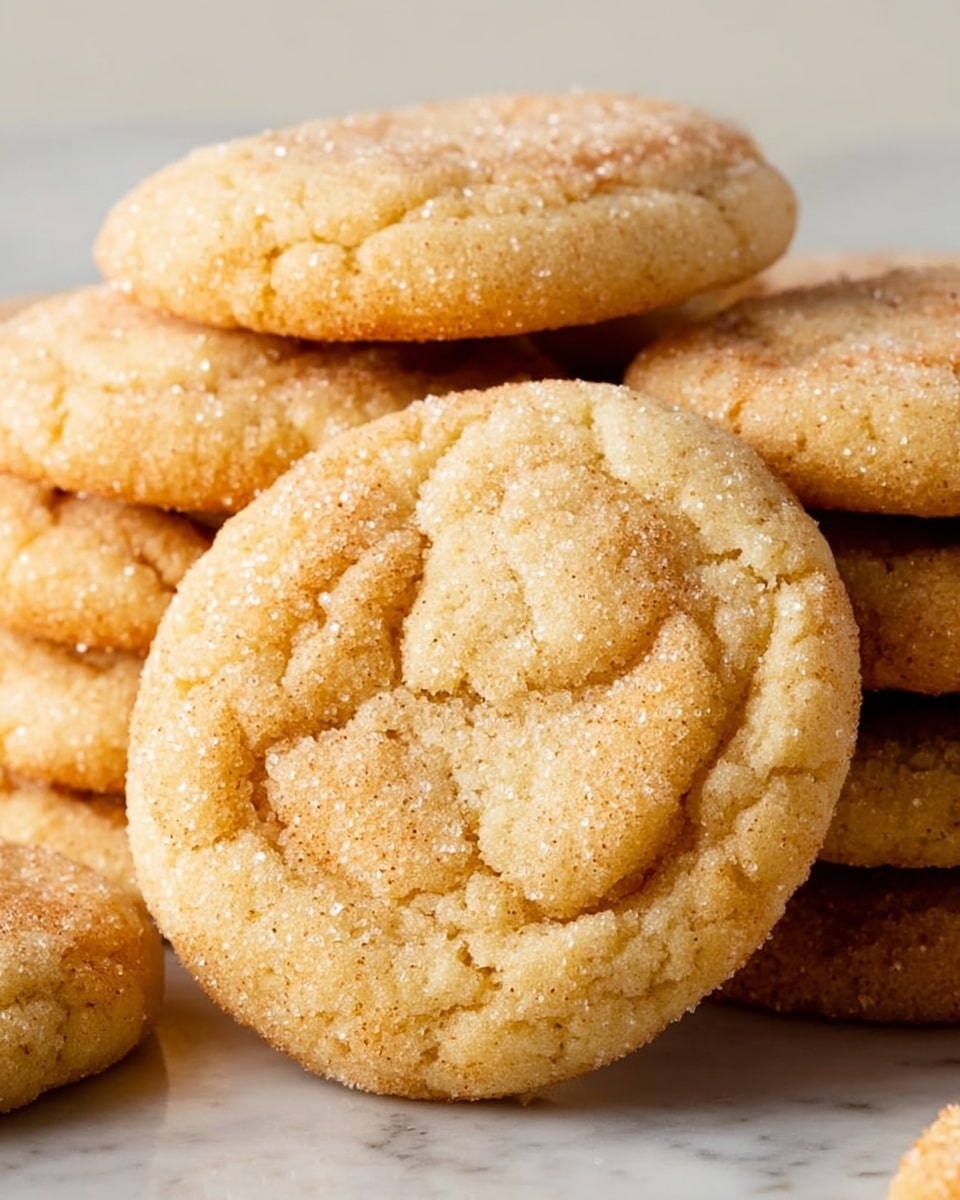The image shows a close-up of soft, round cookies stacked on top of each other against a white marbled surface. Each cookie has a slightly cracked top with a light golden-brown color and a sugar-coated texture that glistens under the light. The cookies appear thick and chewy, with uneven edges that give them a homemade look. The focus is on the front cookie, which sits raised and centered above the others, highlighting its detailed texture and warm tones. photo taken with an iphone --ar 4:5 --v 7