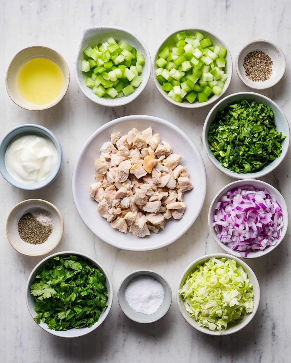 The image shows small white bowls and a white plate arranged on a white marbled surface, each filled with different chopped or prepared ingredients. In the center is a white plate filled with small pieces of light brown cooked chicken. Surrounding it are bowls containing bright green diced celery, light green chopped cucumber, fresh chopped cilantro, bright purple diced red onion, finely shredded green lettuce mixed with herbs, and finely minced garlic. There are small dishes holding white yogurt, pale yellow lemon juice, white salt, and black pepper. The ingredients are neatly arranged in a grid-like pattern with clear textures and colors. Photo taken with an iphone --ar 4:5 --v 7