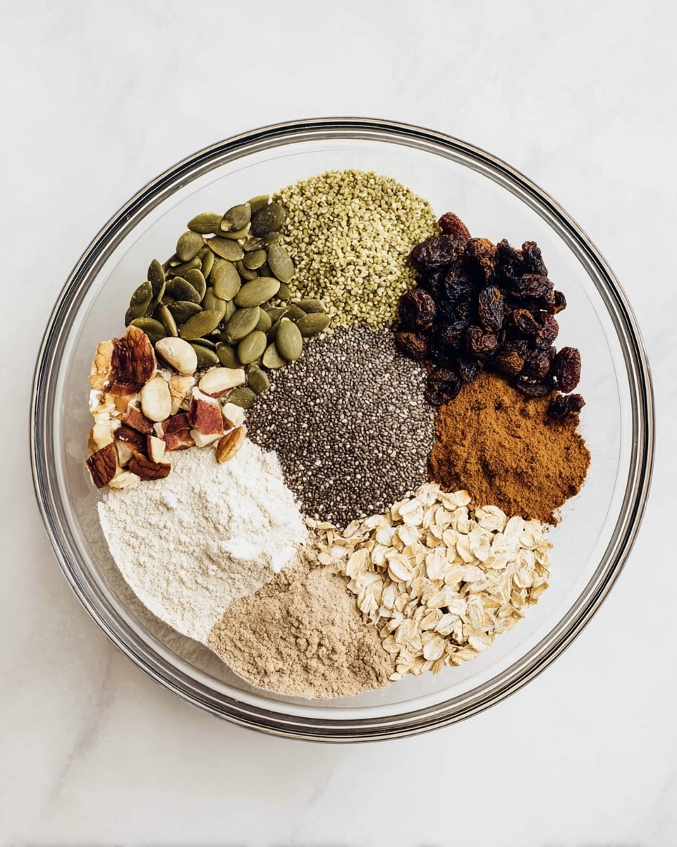 A clear bowl sits on a white marbled surface, filled with nine distinct layers arranged in a circle and touching in the middle. Starting from the top and going clockwise, there are green pumpkin seeds with a smooth, flat texture; light green hemp seeds with a small grainy texture; a small dollop of white coconut oil; sliced light brown nuts with some reddish skin; a bunch of dark dried berries; a mound of fine, brown flaxseed meal; pale beige flour that is powdery and soft; a small pile of cinnamon powder with a darker brown color and fine texture; and light beige rolled oats that are flat and textured. In the center of all these is a pile of tiny black chia seeds with a glossy texture. The photo taken with an iphone --ar 4:5 --v 7