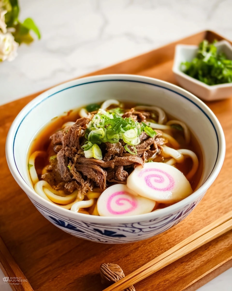 A white bowl with blue patterns holds three main layers: at the bottom, thick white udon noodles rest in a clear brown broth; on top of the noodles, thinly sliced cooked brown beef covers most of the surface; garnished above the beef are bright green leaves of herbs and small green scallion pieces, along with two round white and pink fish cakes with swirled patterns on one side. The bowl is on a wooden tray with light brown chopsticks placed on the right side, and a small white dish with more green herbs is seen in the back on the left, all set against a white marbled surface. photo taken with an iphone --ar 4:5 --v 7